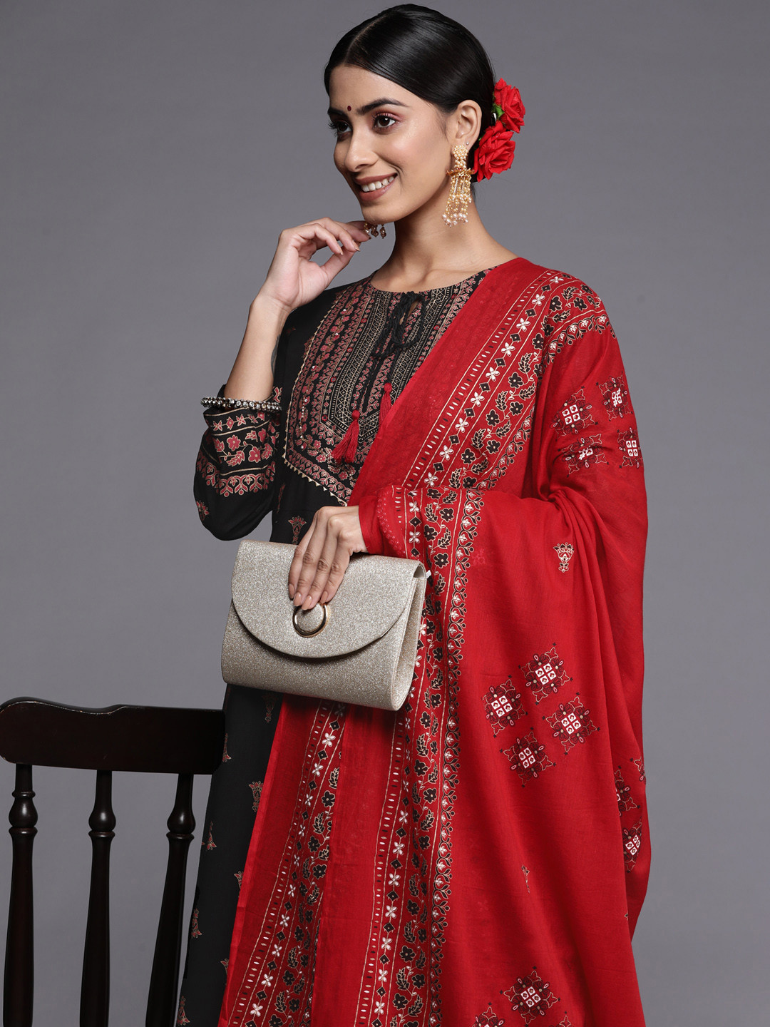 Indo Era Black Printed A-Line Kurta Palazzos With Dupatta Set main image 0