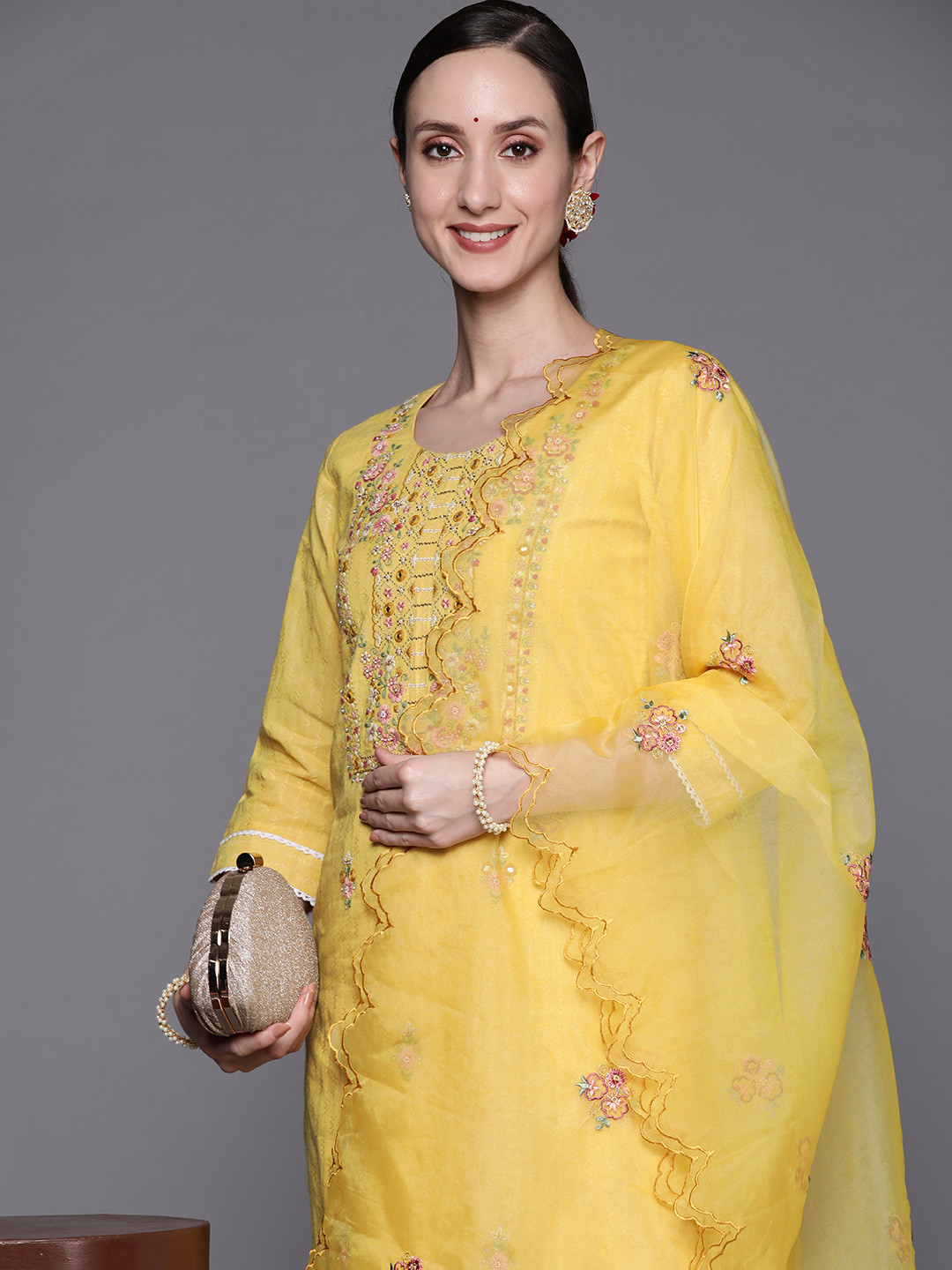 Indo Era Yellow Printed Straight Kurta Sharara With Dupatta Set