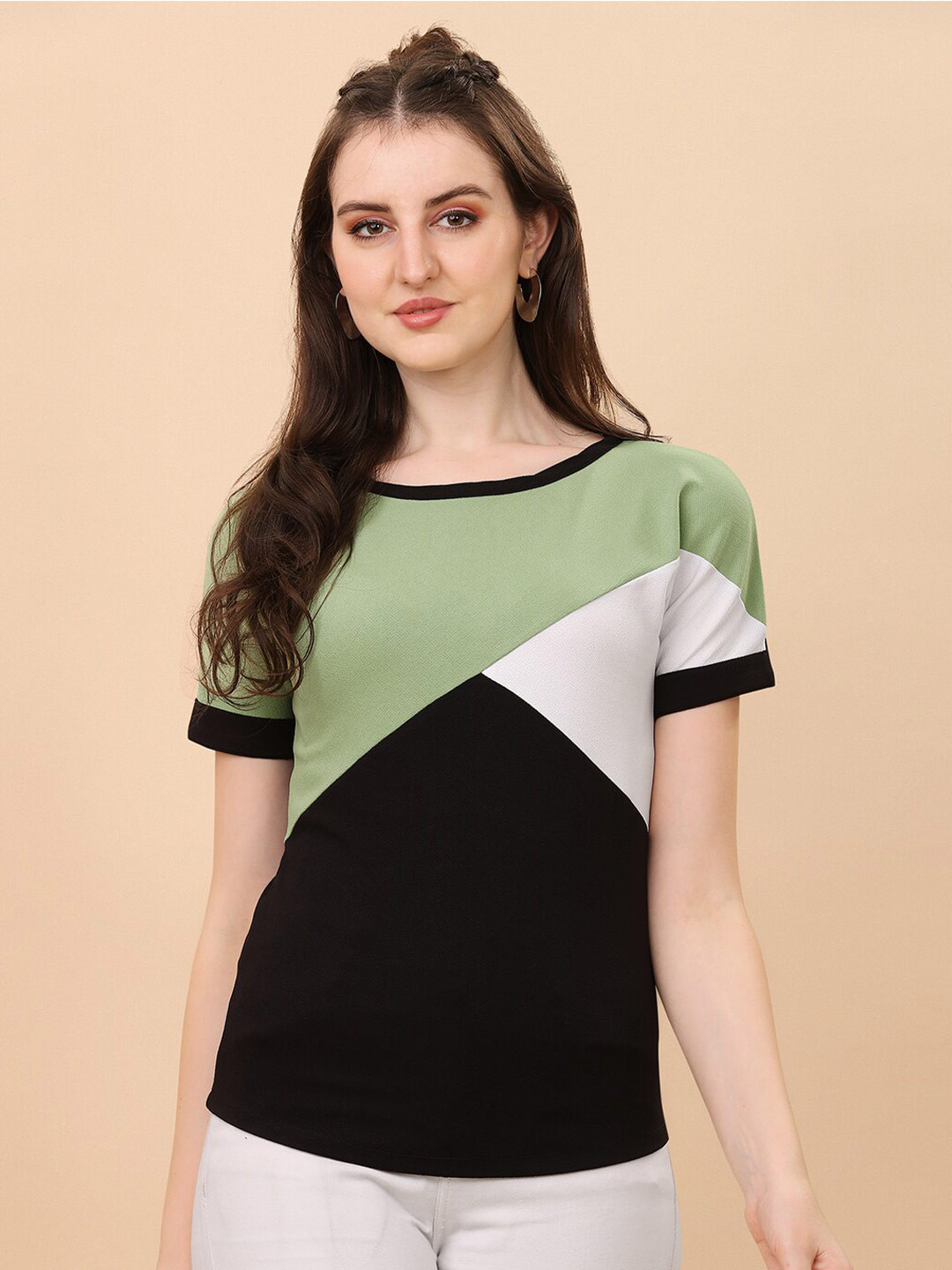 Buy Amrutam Fab Women Sea Green & Black Colourblocked Extended Sleeves