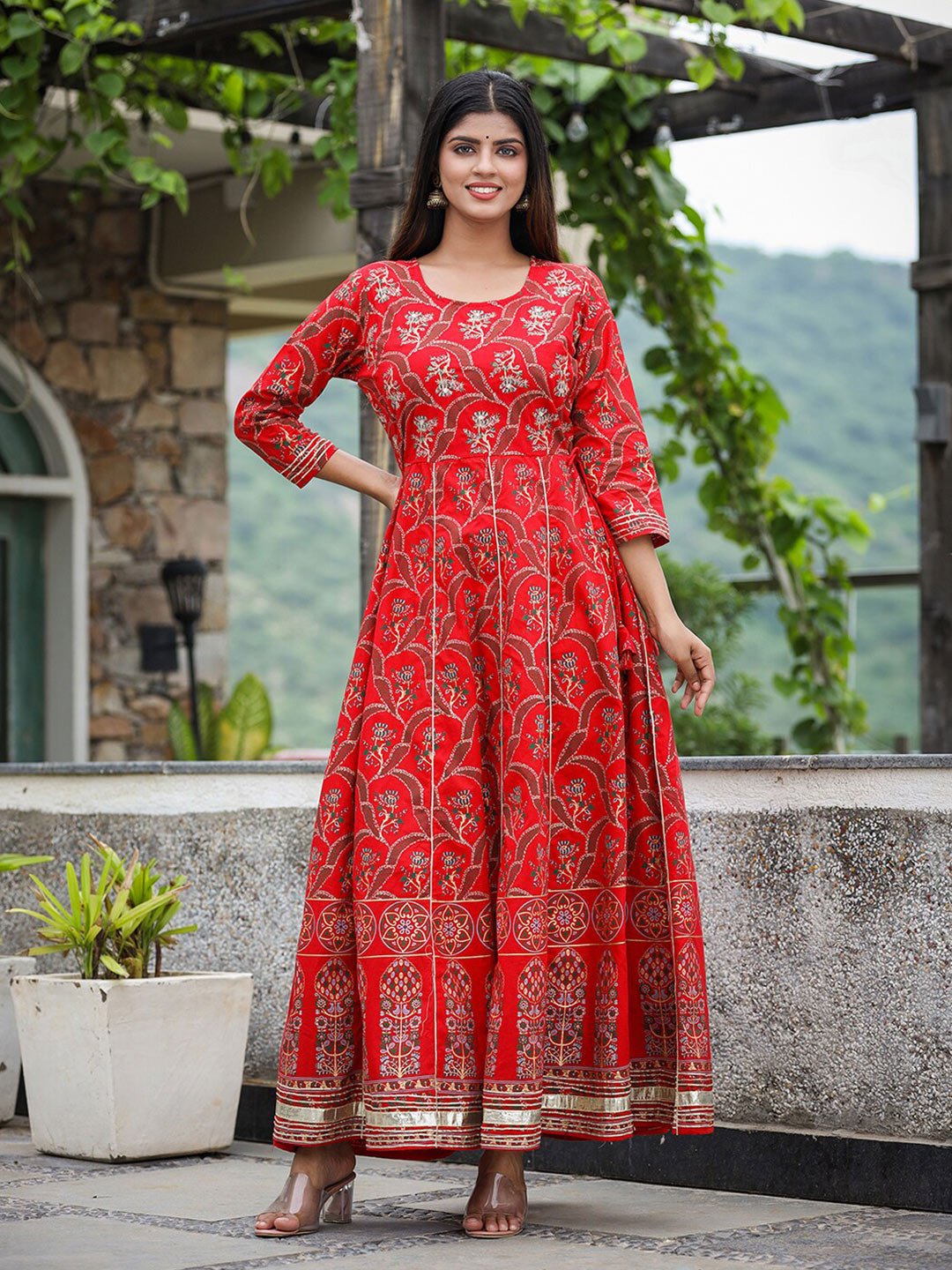 Red Ethnic Motif Printed Cotton Maxi Dress With Button