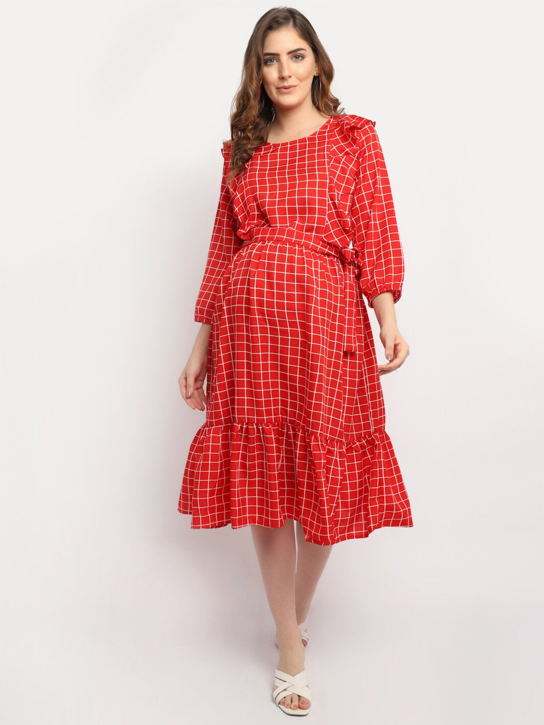 Buy Moms Maternity Red Checked Crepe Maternity Midi Dress Dresses for