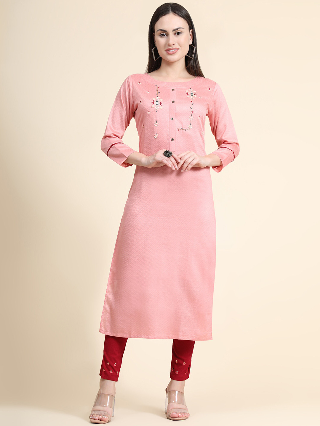 Pink Embroidered Kurta with Pants and Dupatta main image 1