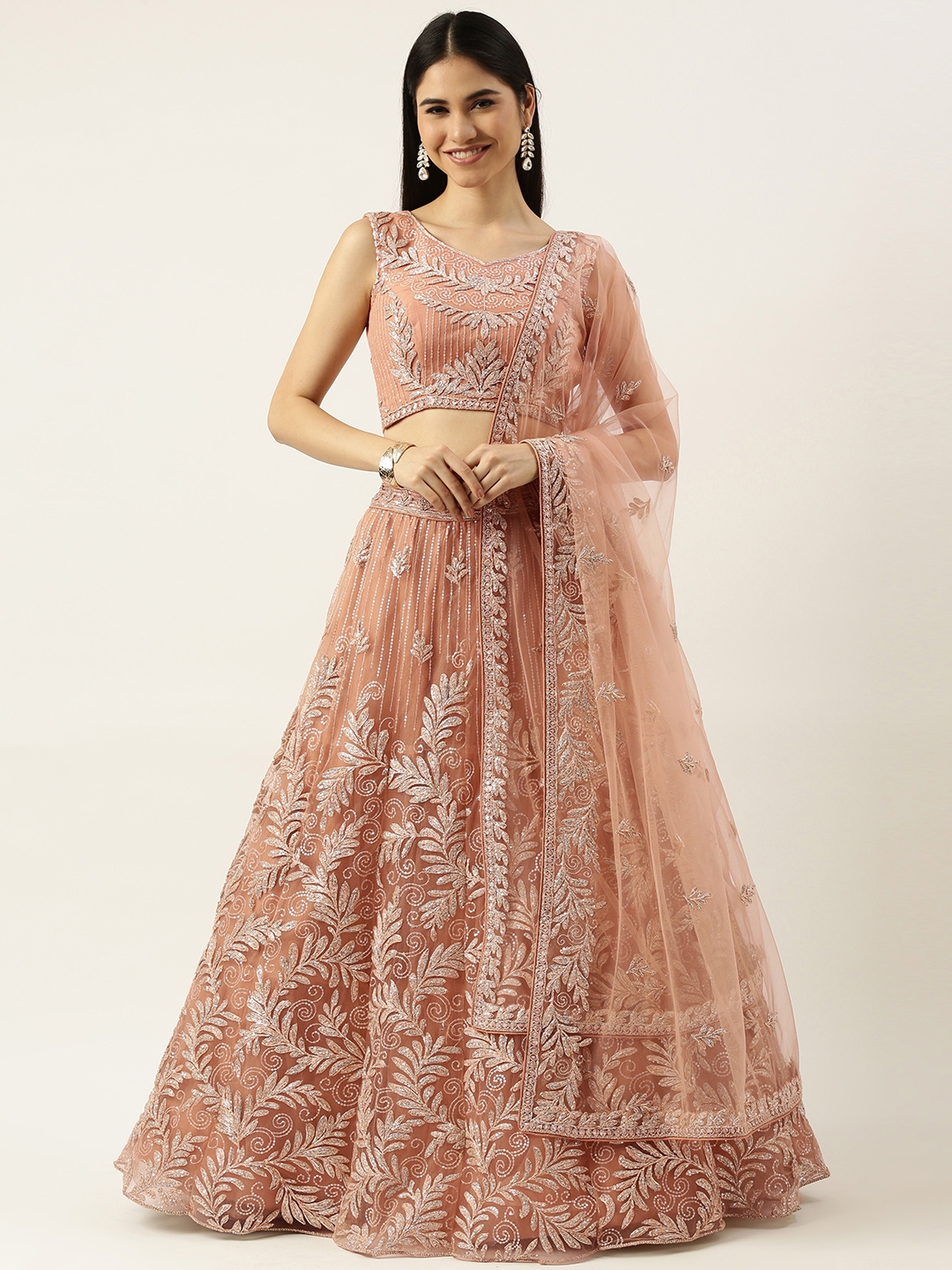 Buy Panchhi Peach Coloured Embellished Sequinned Semi Stitched Lehenga And Unstitched Blouse With