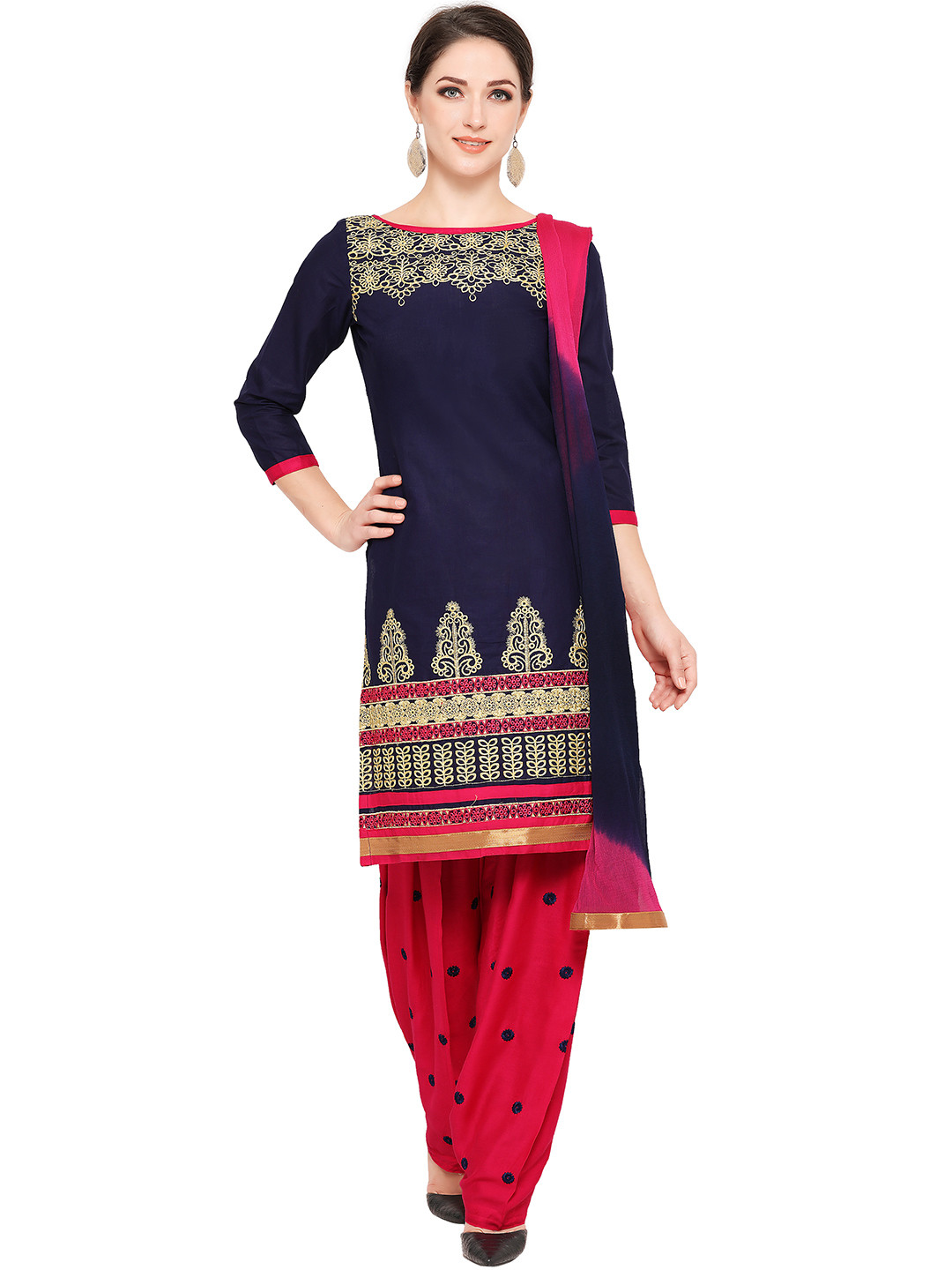 Buy Ishin Navy & Pink Unstitched Dress Material Dress Material for