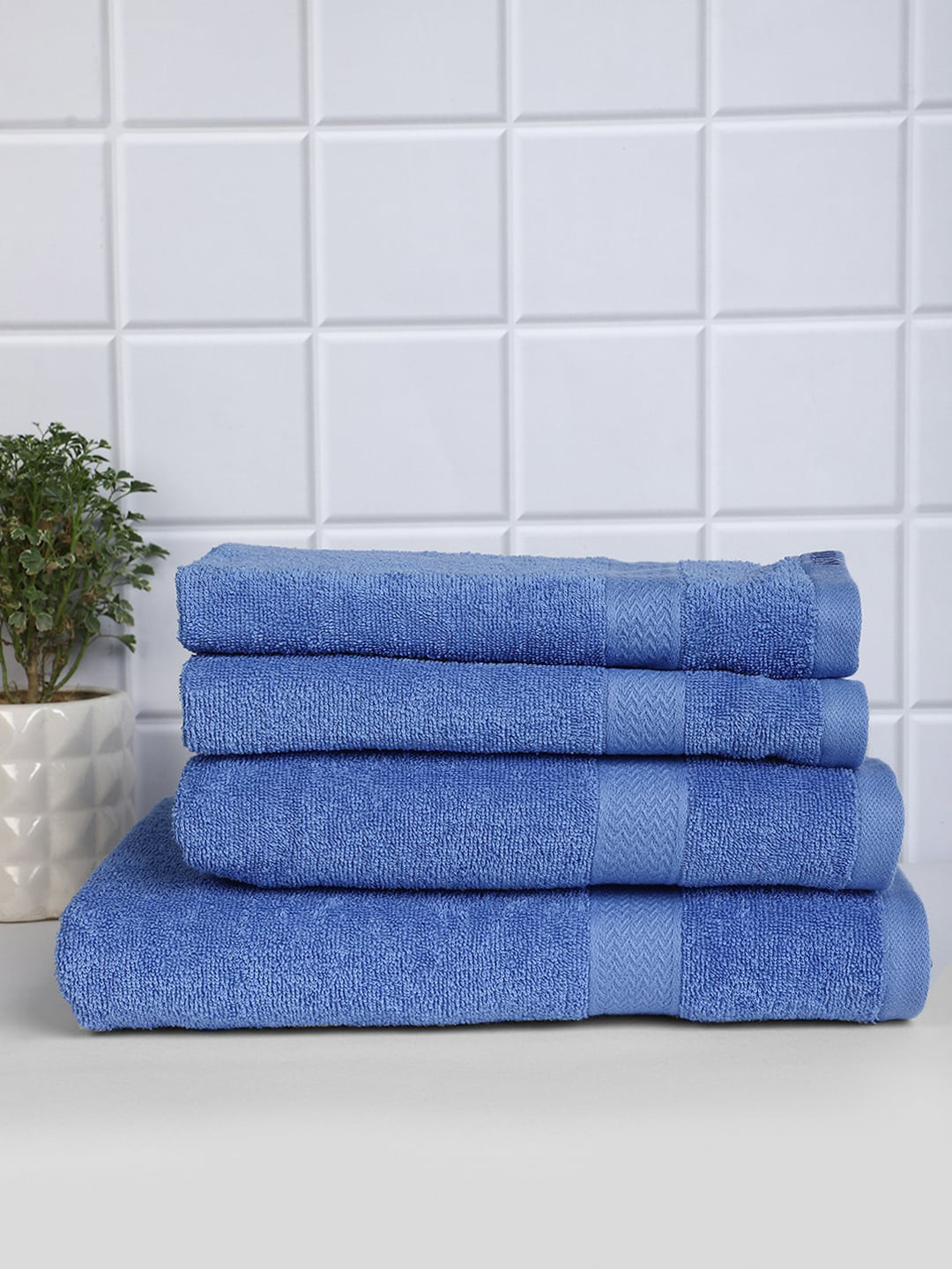 Buy Raymond Home Pack Of 4 Blue 380 GSM Pure Cotton Bath & Hand Towels