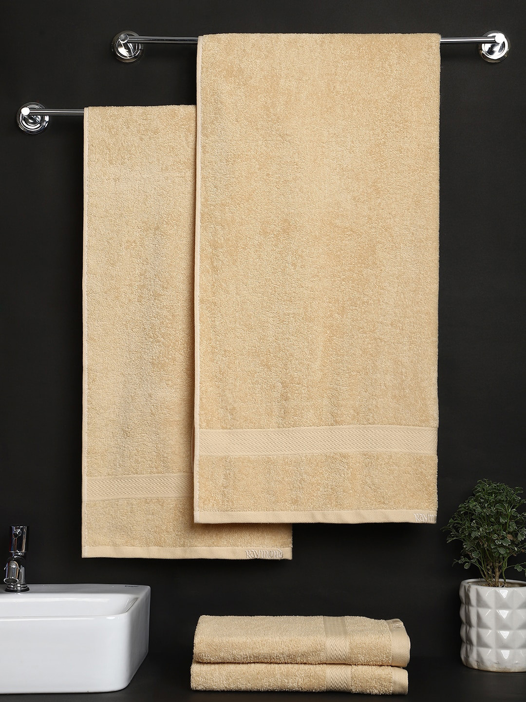 Buy Raymond Home Pack Of 4 Beige Solid Cotton Towel Set Towel Set for