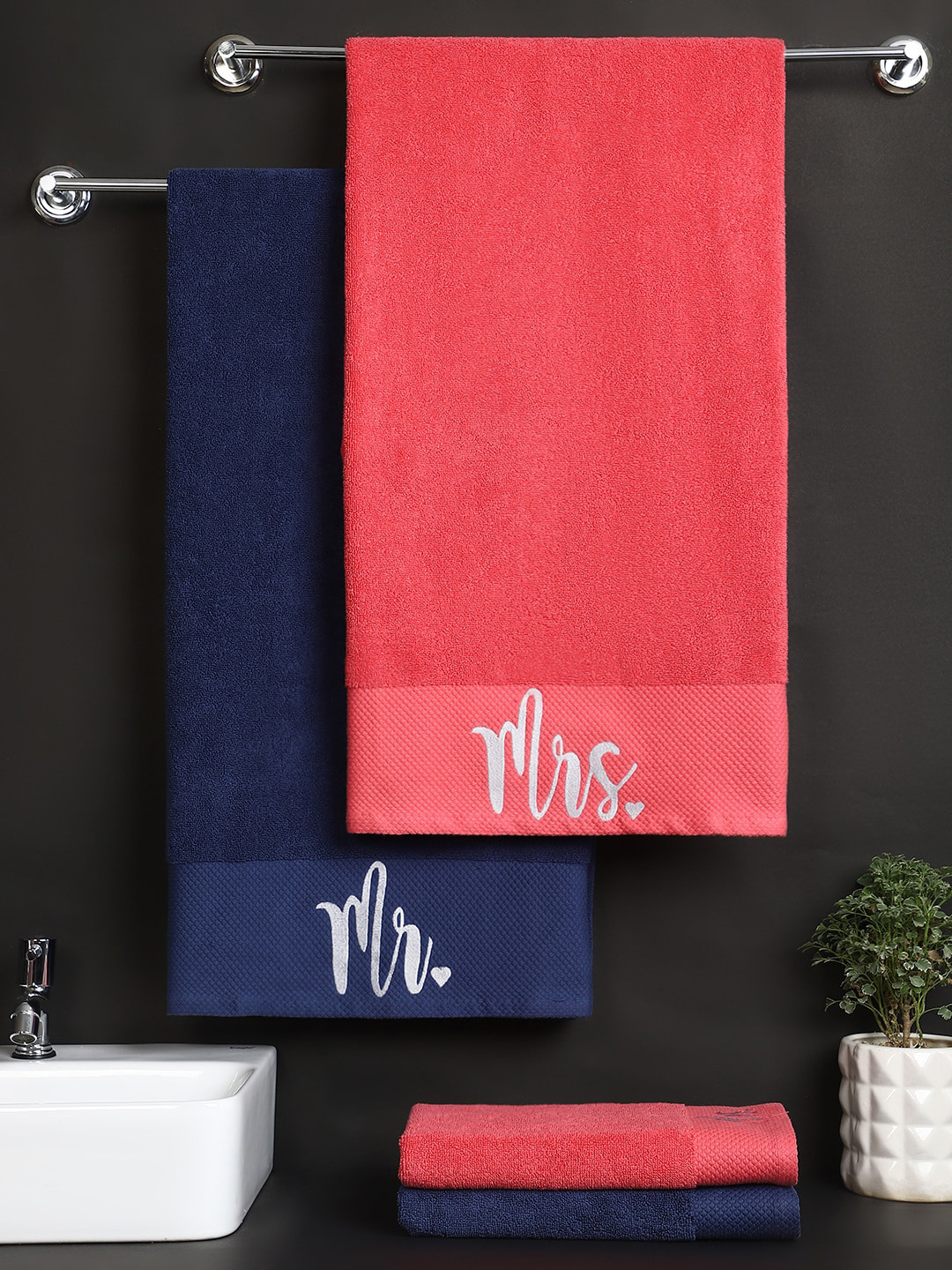 Buy Raymond Home Blue & Coral Set Of 4 Pure Cotton 600 GSM Bath Towel