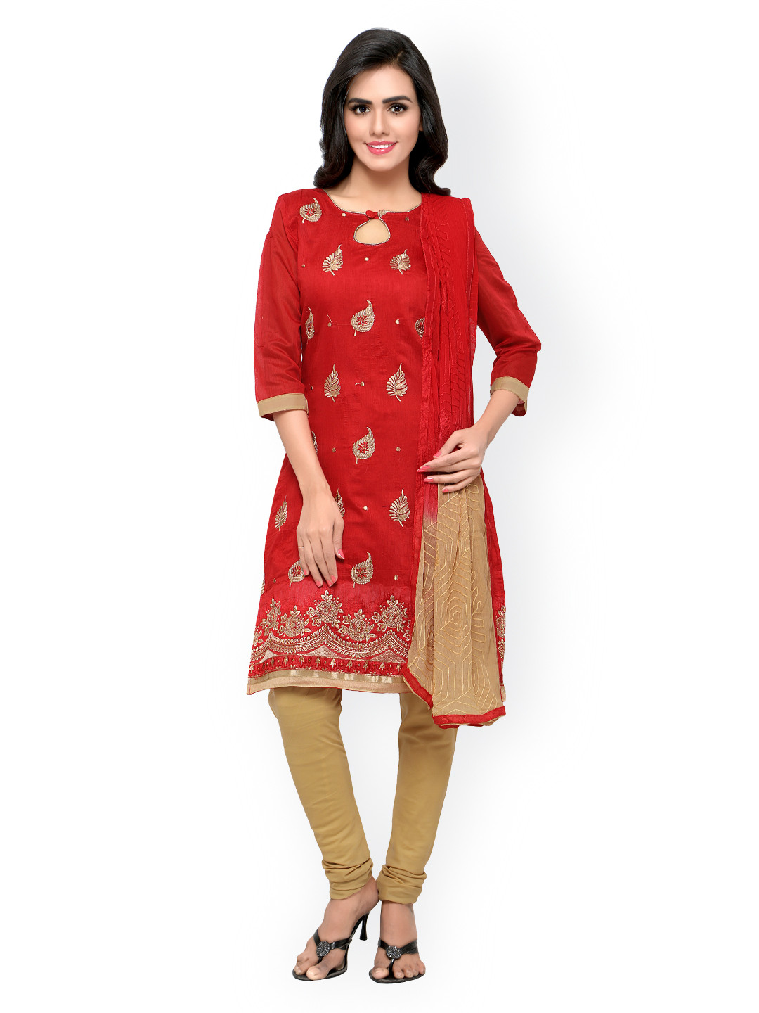 Buy Satrani Red & Beige Unstitched Embroidered Dress Material Dress Material for Women 1950638