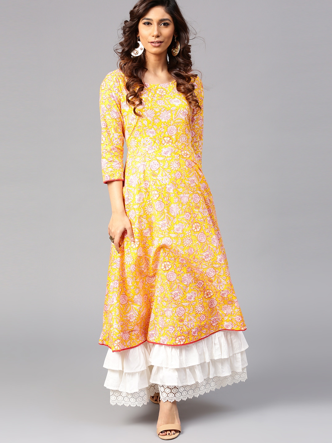 Buy AKS Women Yellow & White Printed Layered Maxi Dress - Ethnic ...
