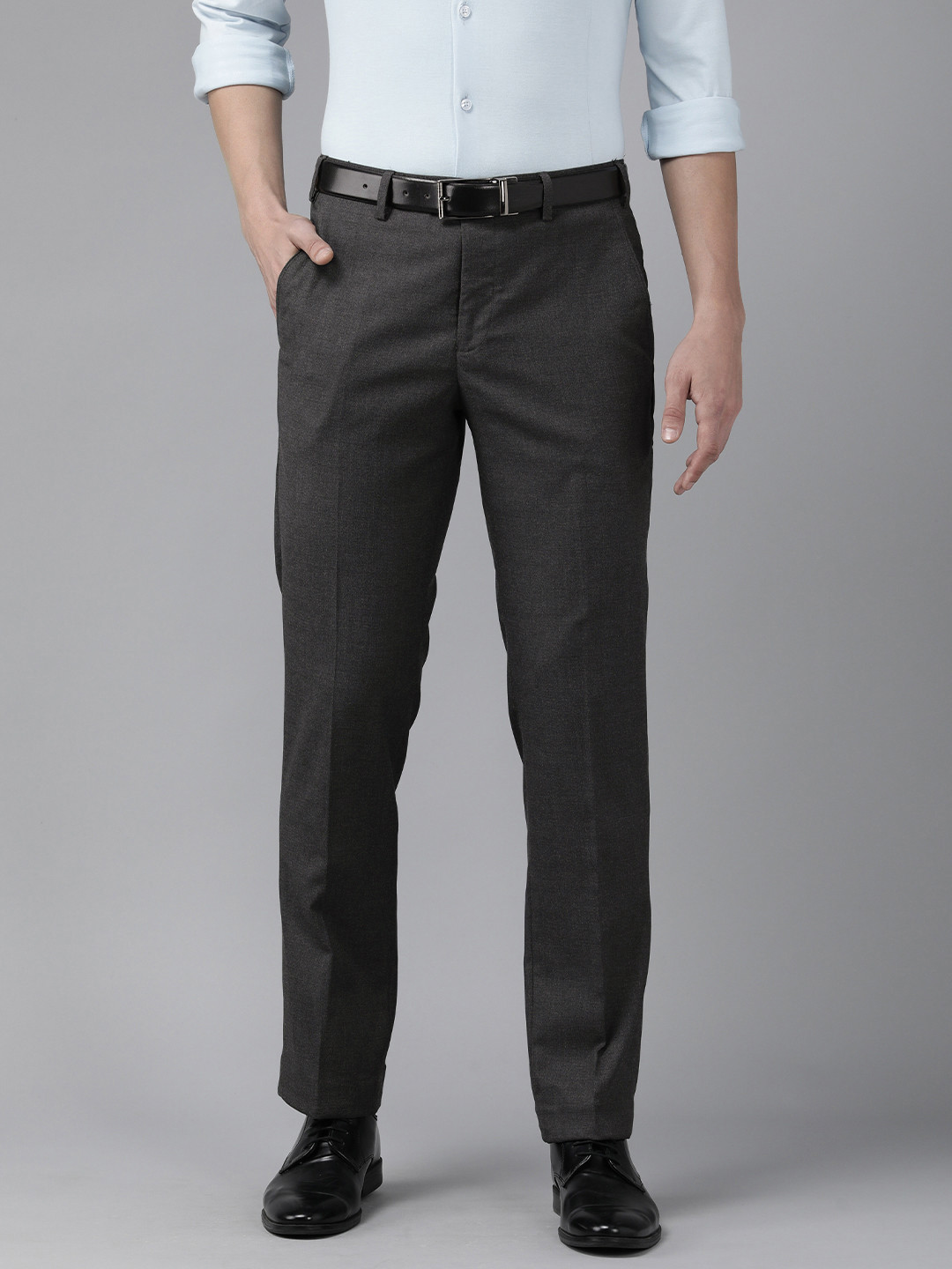 Buy Park Avenue Men Charcoal Grey Checked Self Design Smart Regular Fit ...