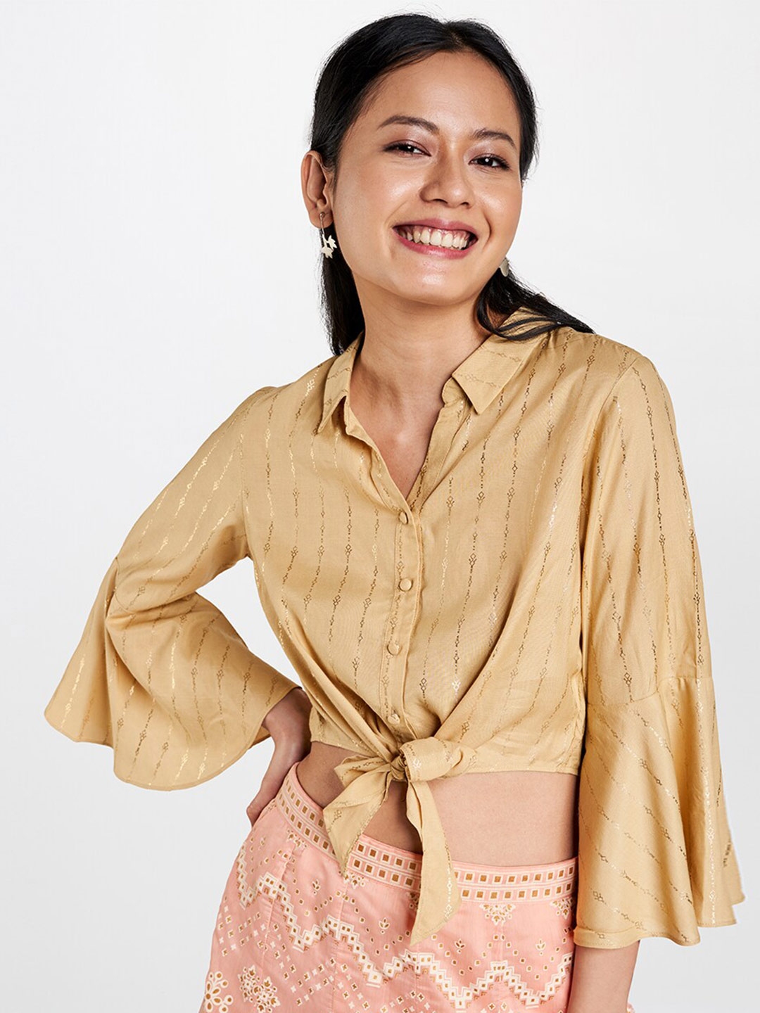 Buy Global Desi Beige Striped Shirt Style Crop Top - Tops for Women ...