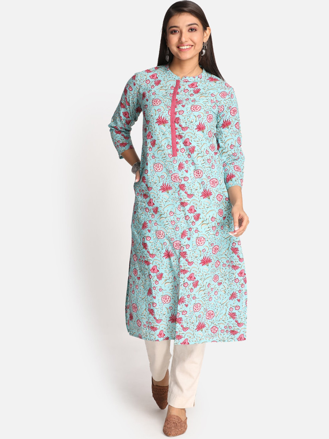 Buy Earthwear Women Turquoise Blue Floral Printed Kurta Kurtas for