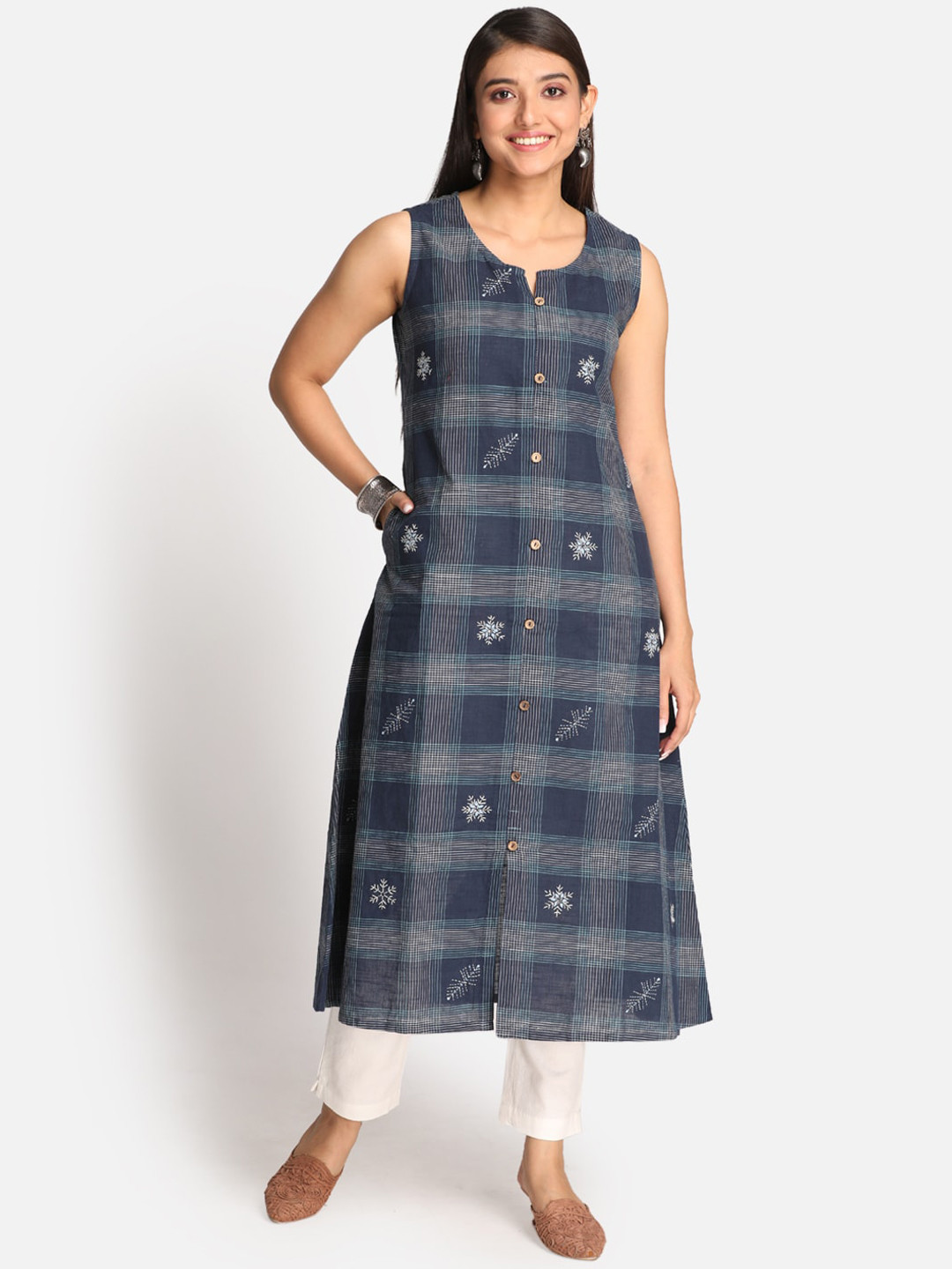 Buy Earthwear Women Blue Pure Cotton Checked Kurta Kurtas for Women