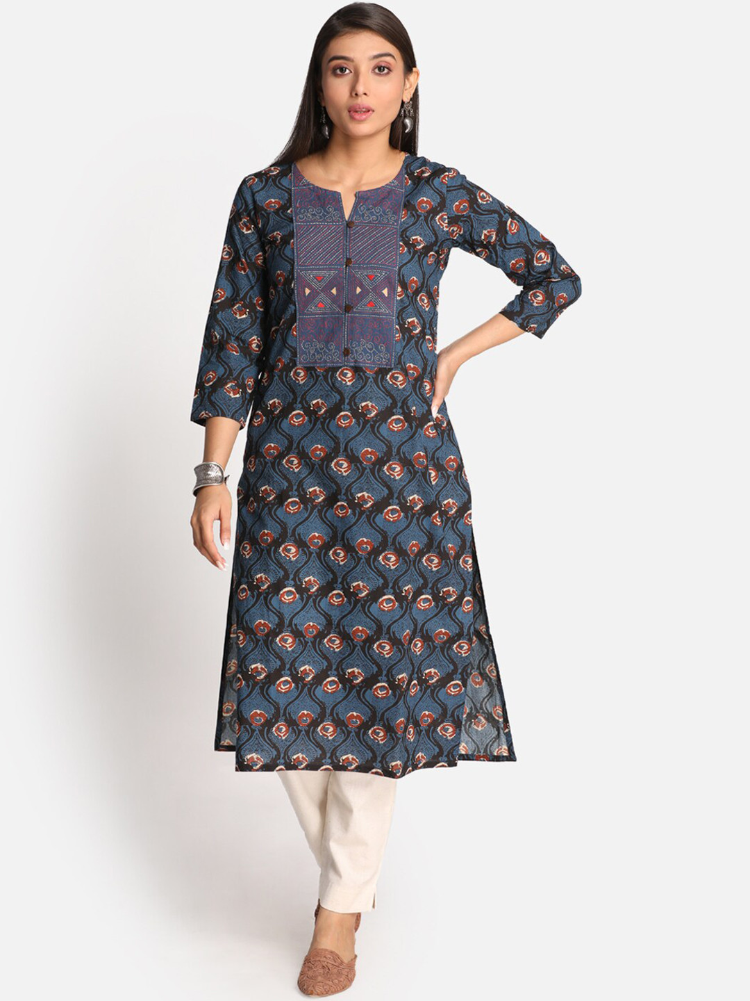 Buy Earthwear Women Navy Blue Ethnic Motifs Pure Cotton Printed Thread