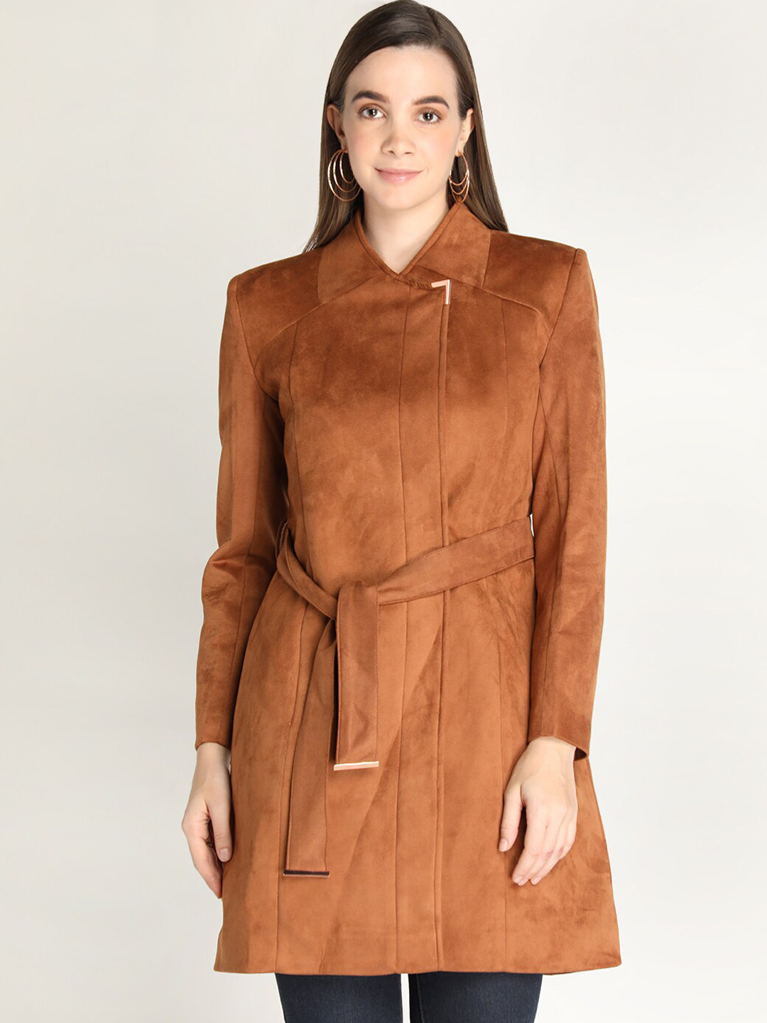 Buy Women Tan Brown Solid Suede Coat With Belt Coats for
