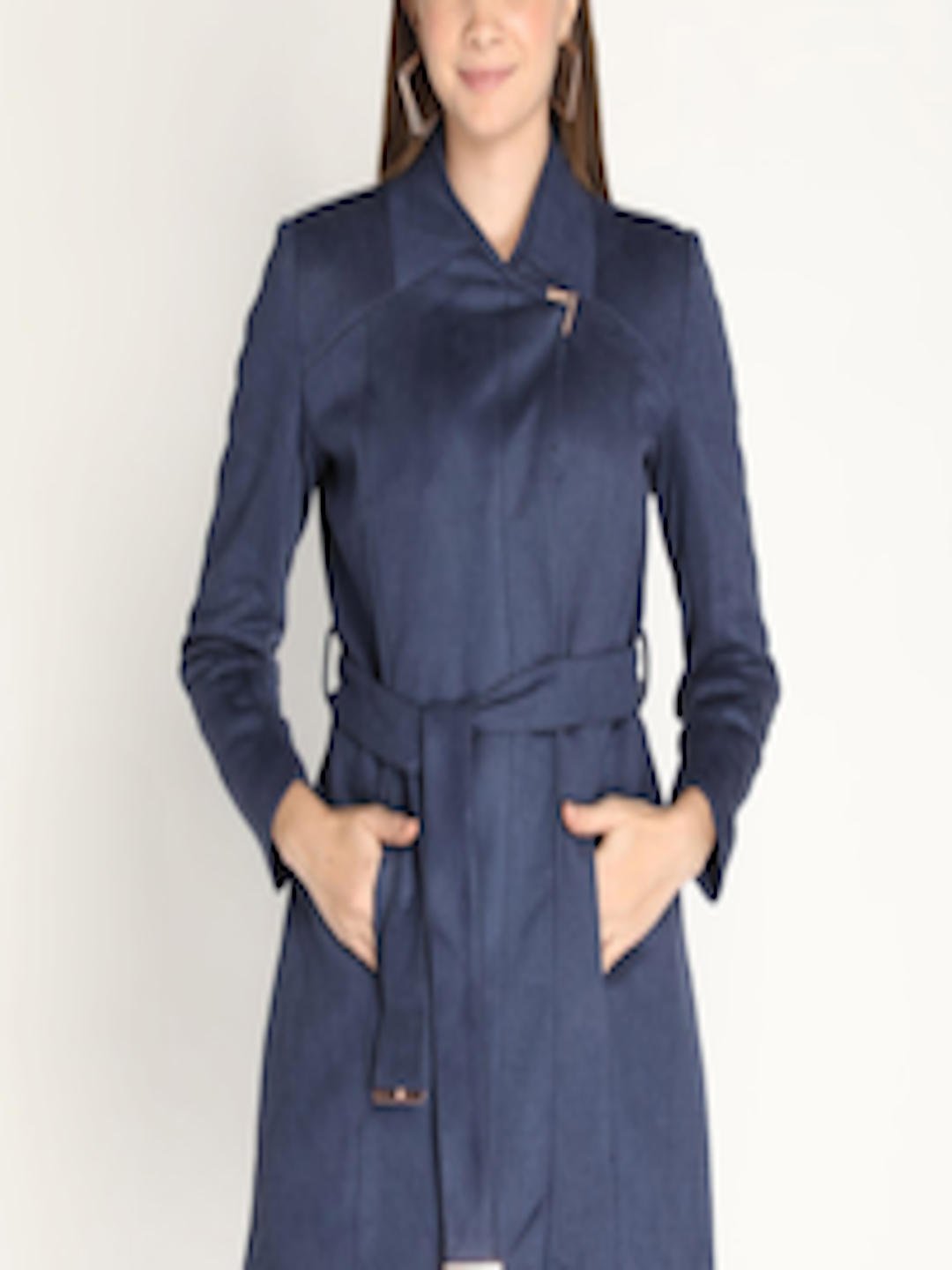 Buy HONNETE Women Blue Solid Winter Coat With Belt - Coats for Women ...