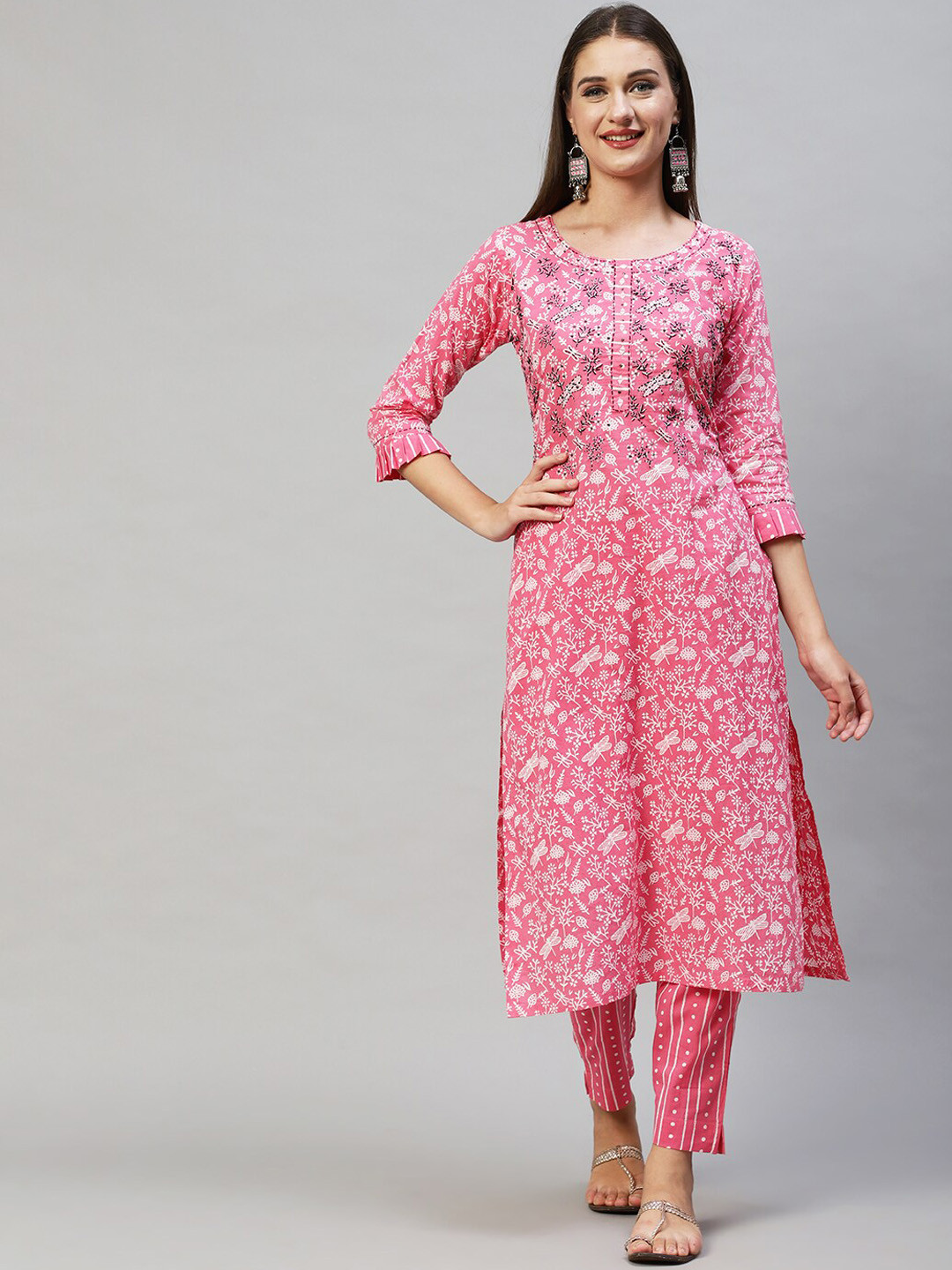 Aastha Fashion Women's Pink Cotton Embroidered Kurta with Trouser & Dupatta main image 1