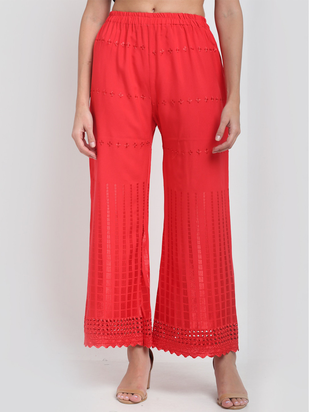 Women's Red Printed Relaxed Straight Fit Palazzos
