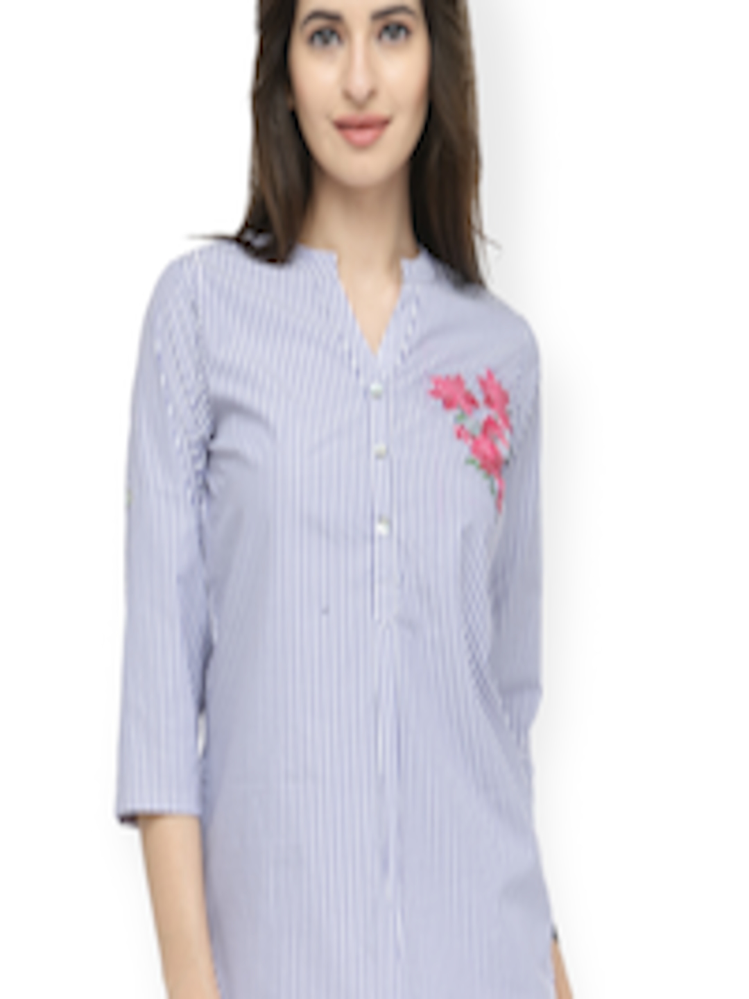 Buy PlusS Women Blue & White Striped Shirt Style Pure Cotton Top - Tops ...