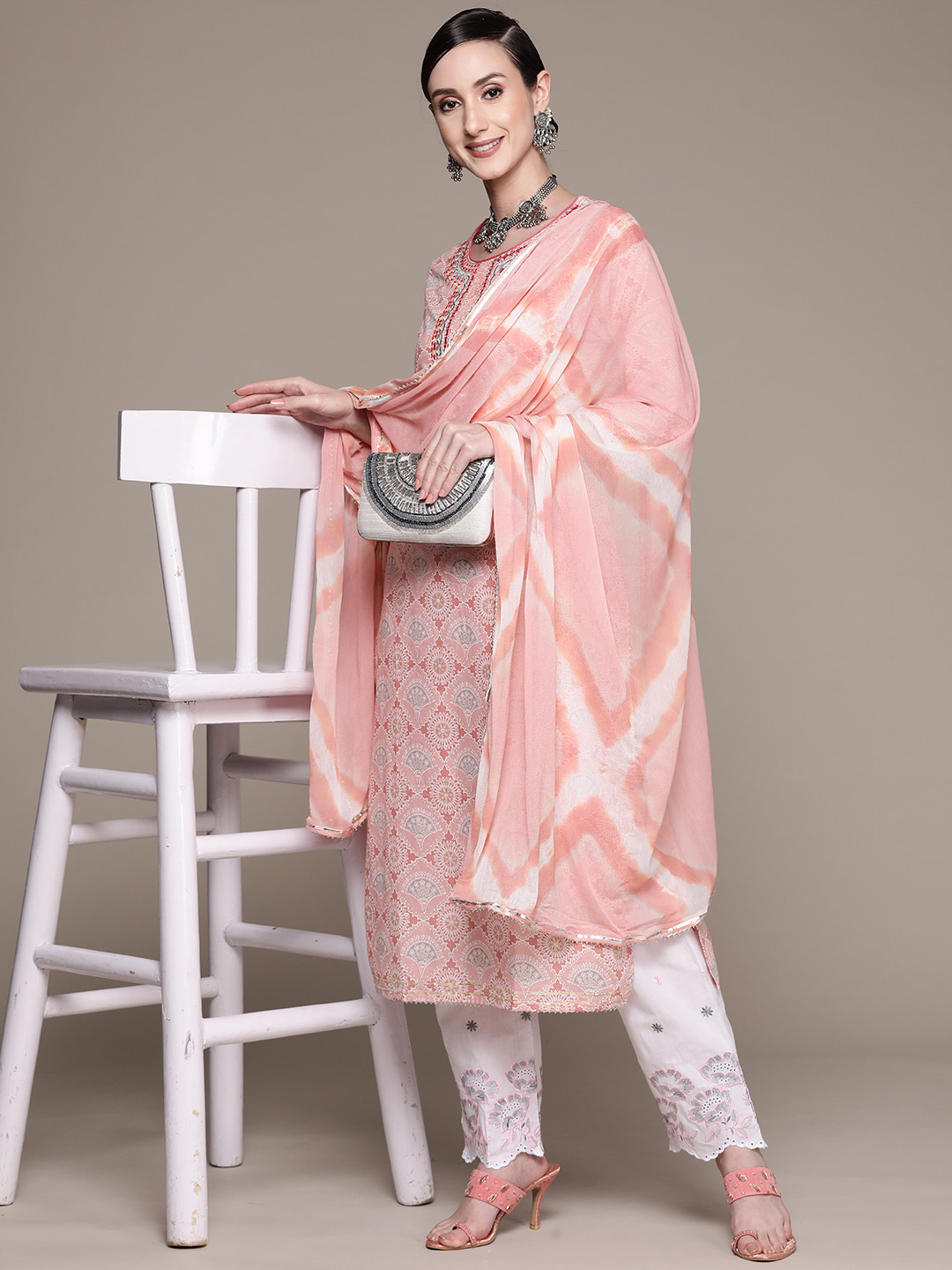 Ishin Women's Pink Embroidered A-line Kurta with Trouser & Dupatta