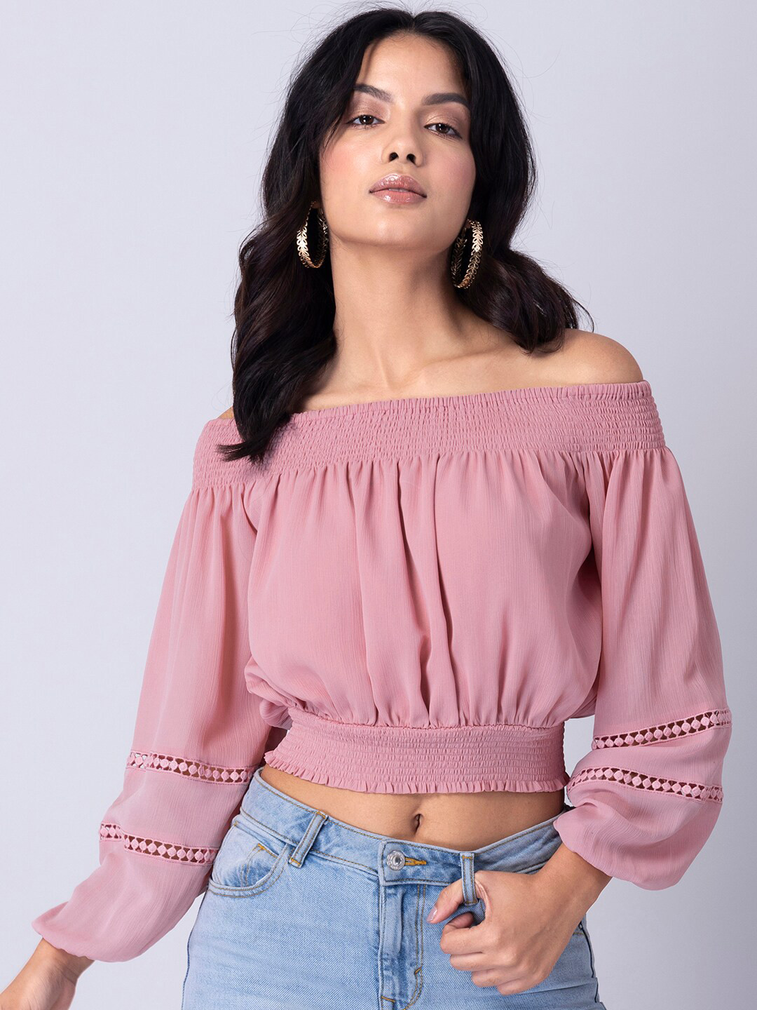 Women's Pink Floral Printed Off-Shoulder Bardot Crop Top