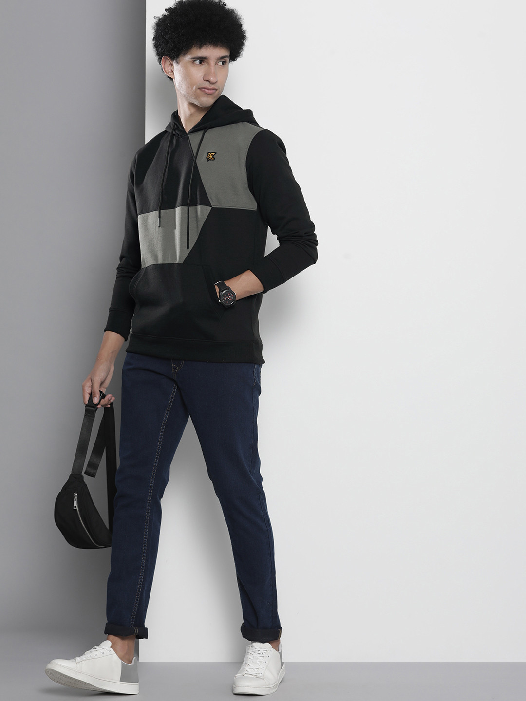The Indian Garage Co Men Navy Blue Colourblocked Hooded Sweatshirt main image 1