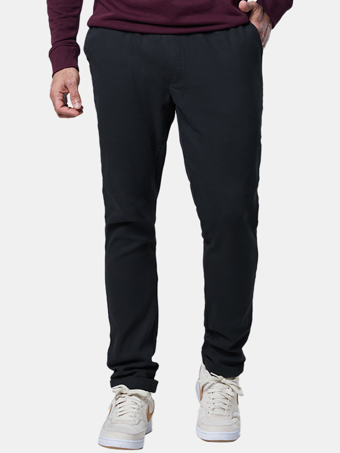 Navy Blue Solid Mid Rise Cotton Trackpants