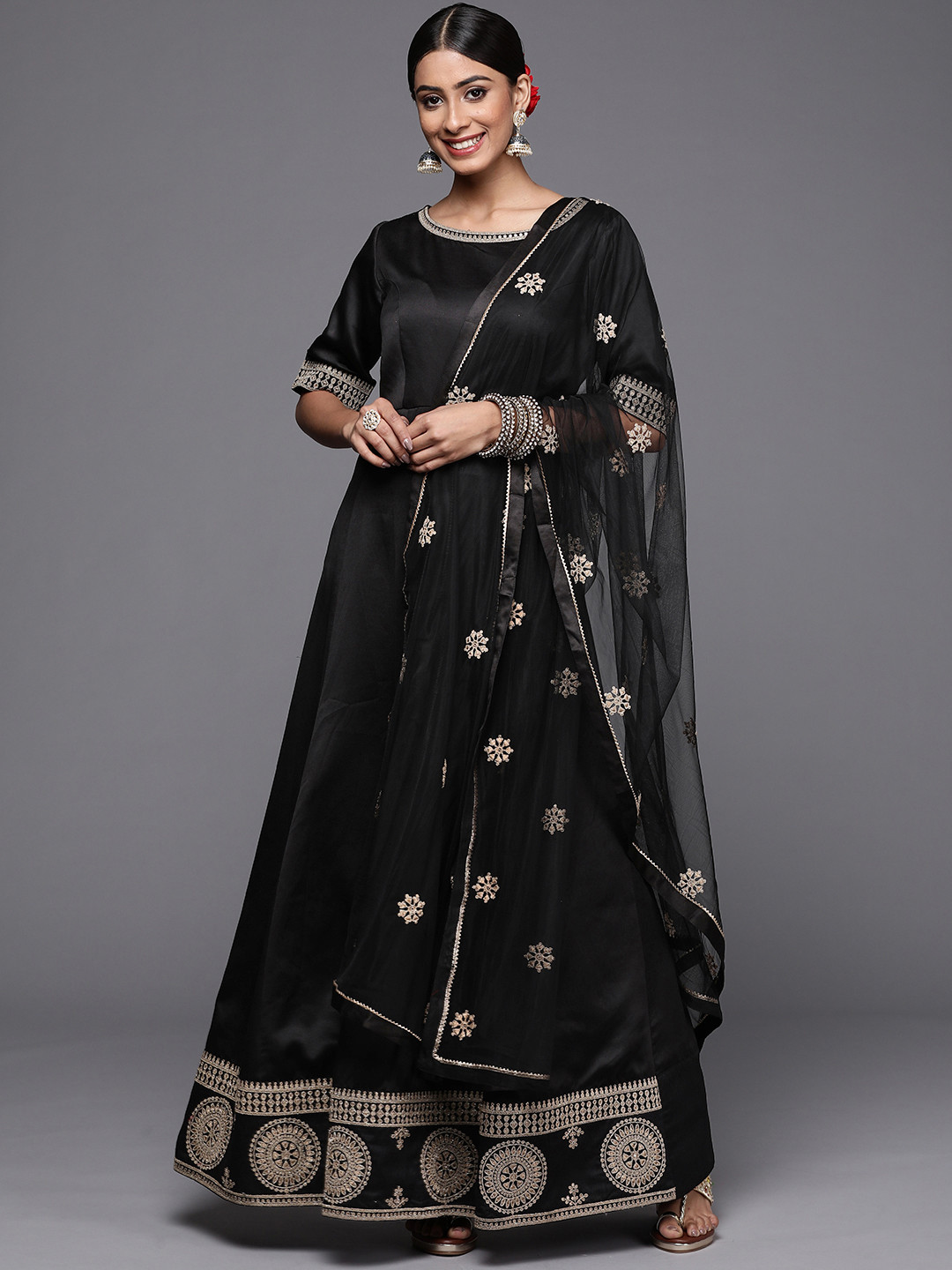 Women'S Black & Golden Ethnic Print Anarkali Kurta main image 0