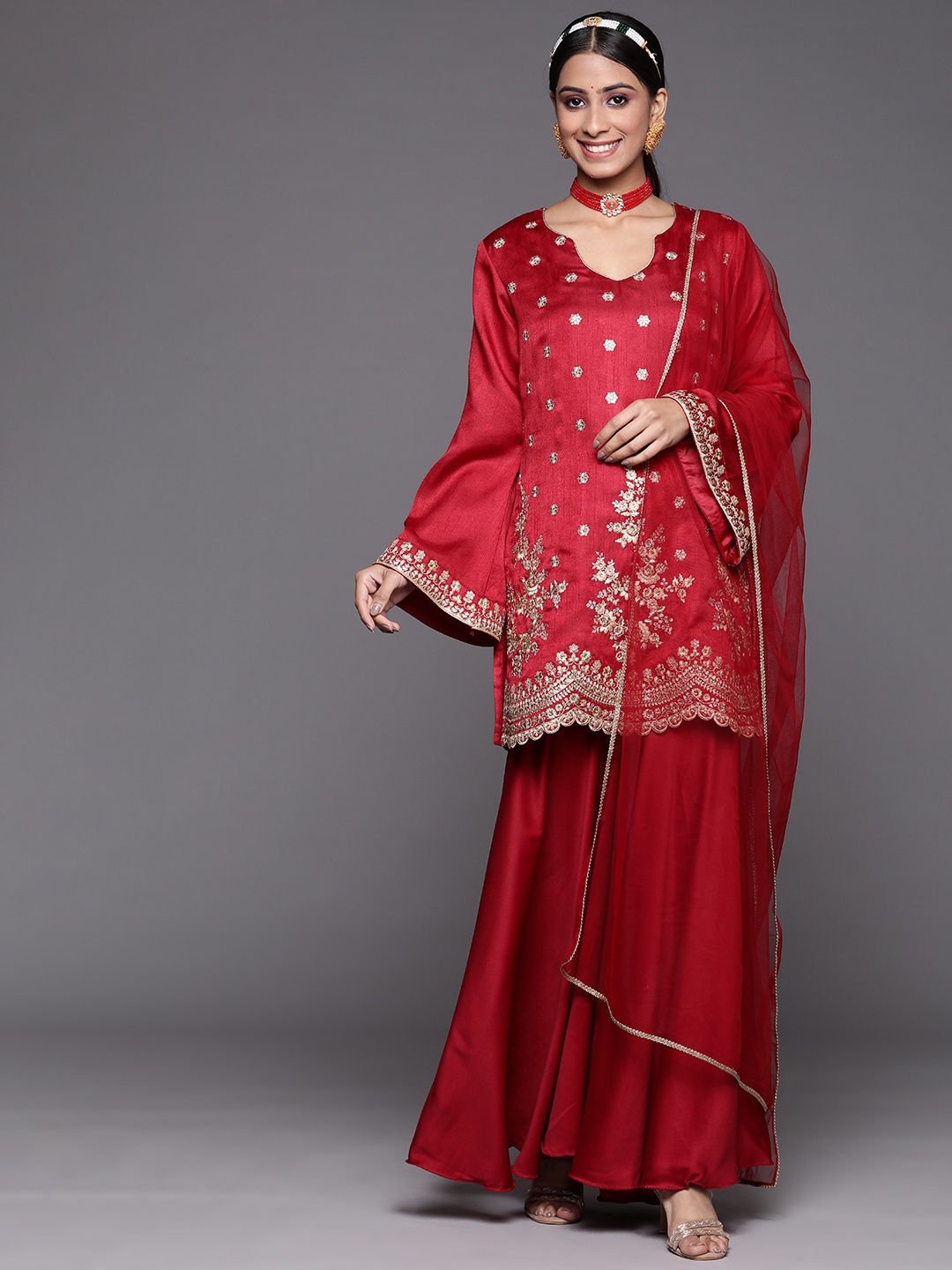 Buy Inddus Women Maroon Floral Embroidered Kurta With Sharara & With ...