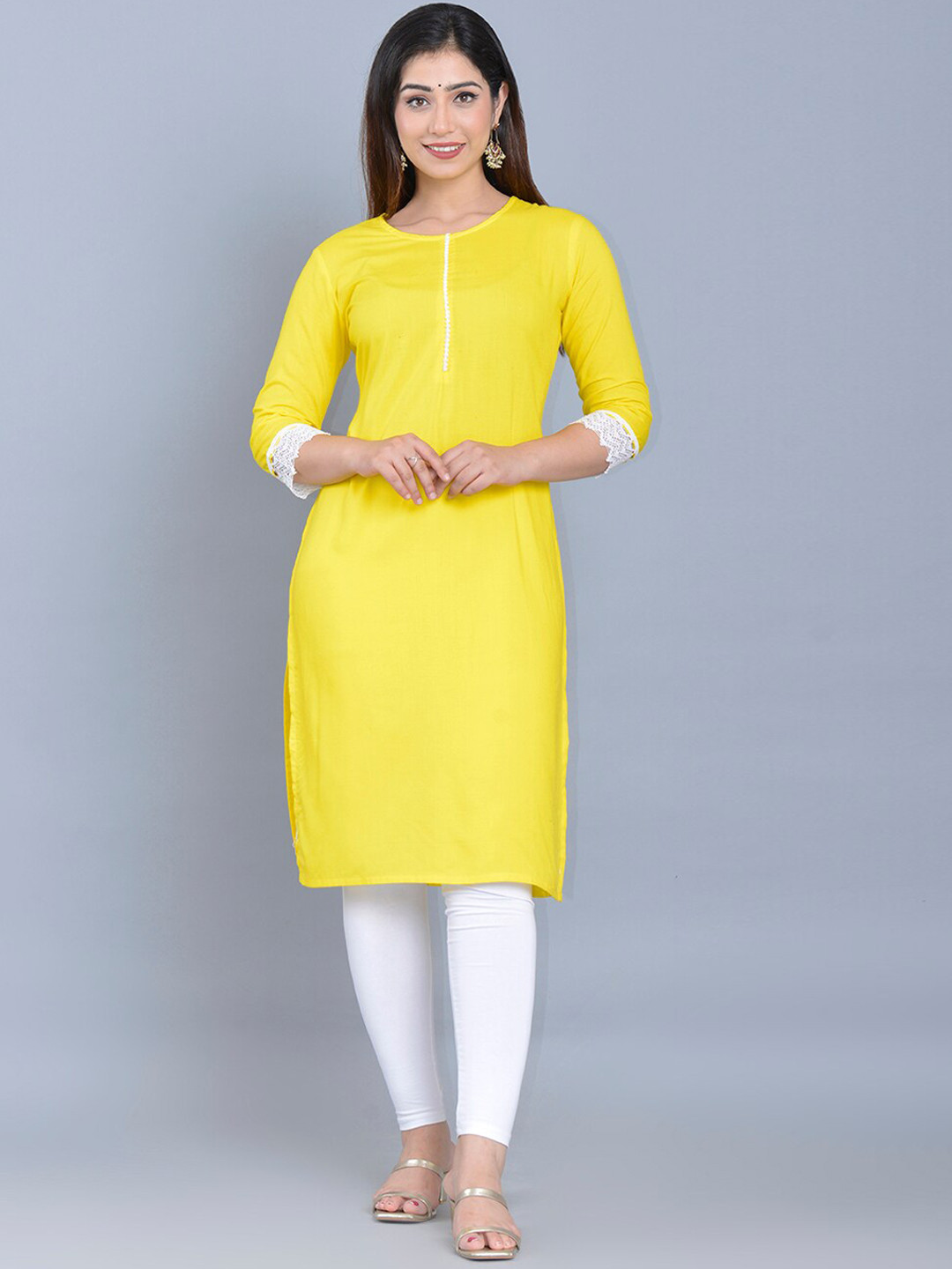 Yellow Solid Lace Trim Straight Rayon Kurta