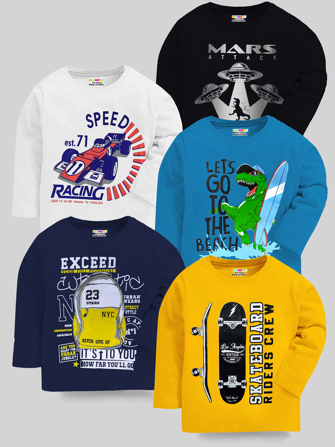 Buy KUCHIPOO Boys Black And Yellow Pack Of 5 Printed T Shirt Tshirts