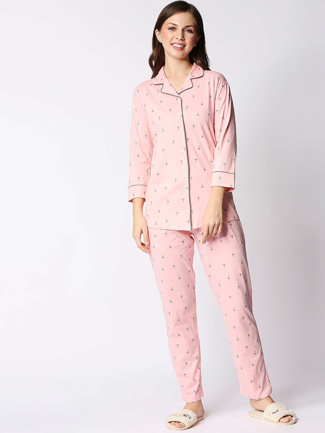 Buy I Like Me Women Peach Coloured Printed Pure Cotton Night Suit ...