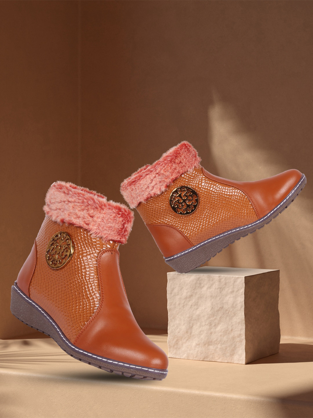 Buy Bella Toes Women Tan Textured Block Heeled Boots Boots for Women