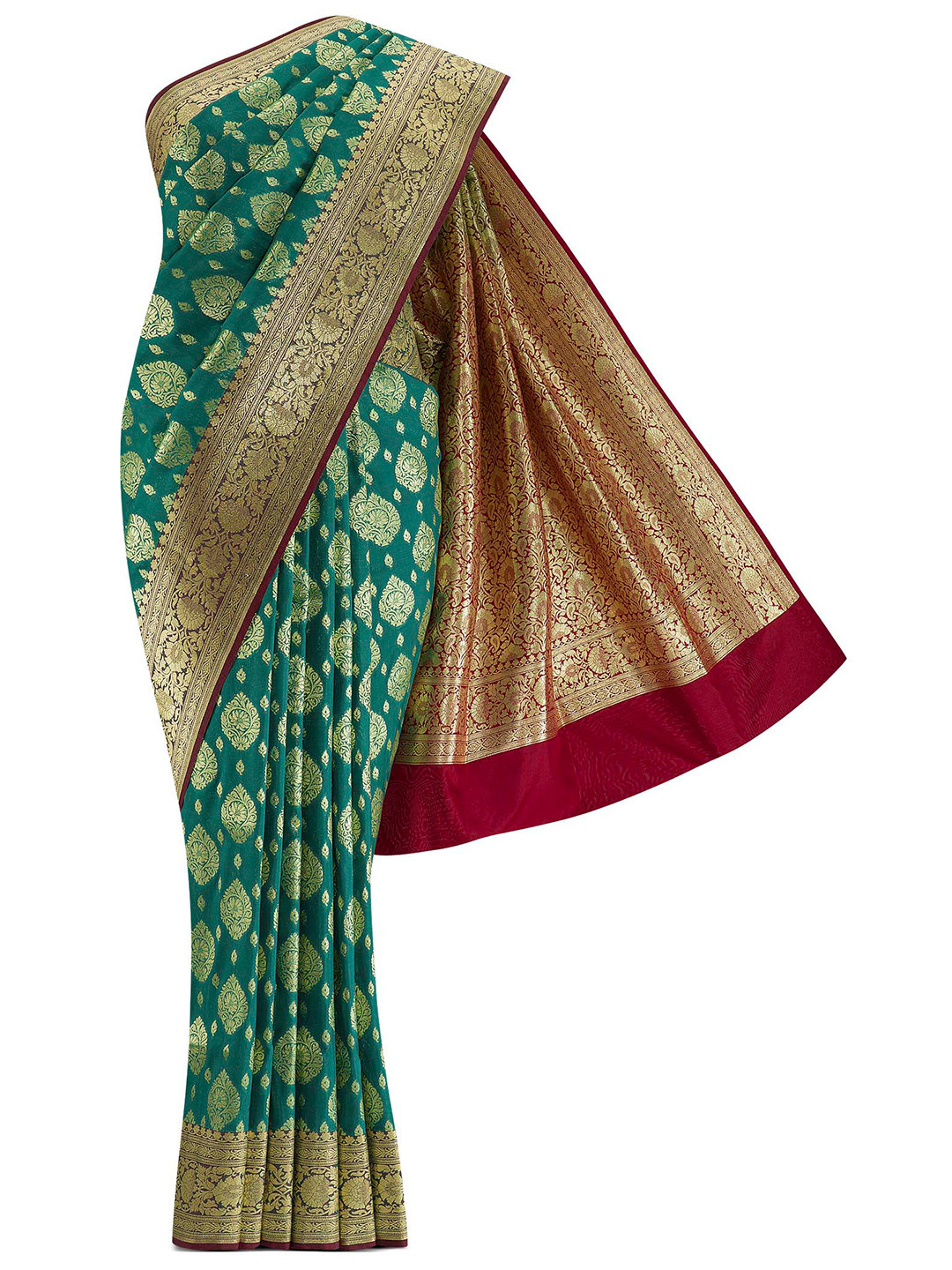 Green Traditional Banarasi saree with Gold & Silver Zari Mughal motifs main image 1