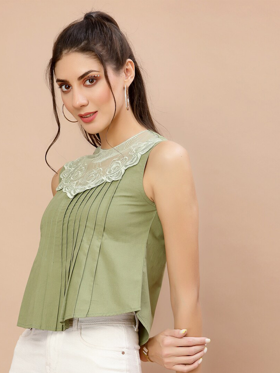 Buy KASSUALLY Women Sage Green Sleeveless Pintuck Top Tops for Women