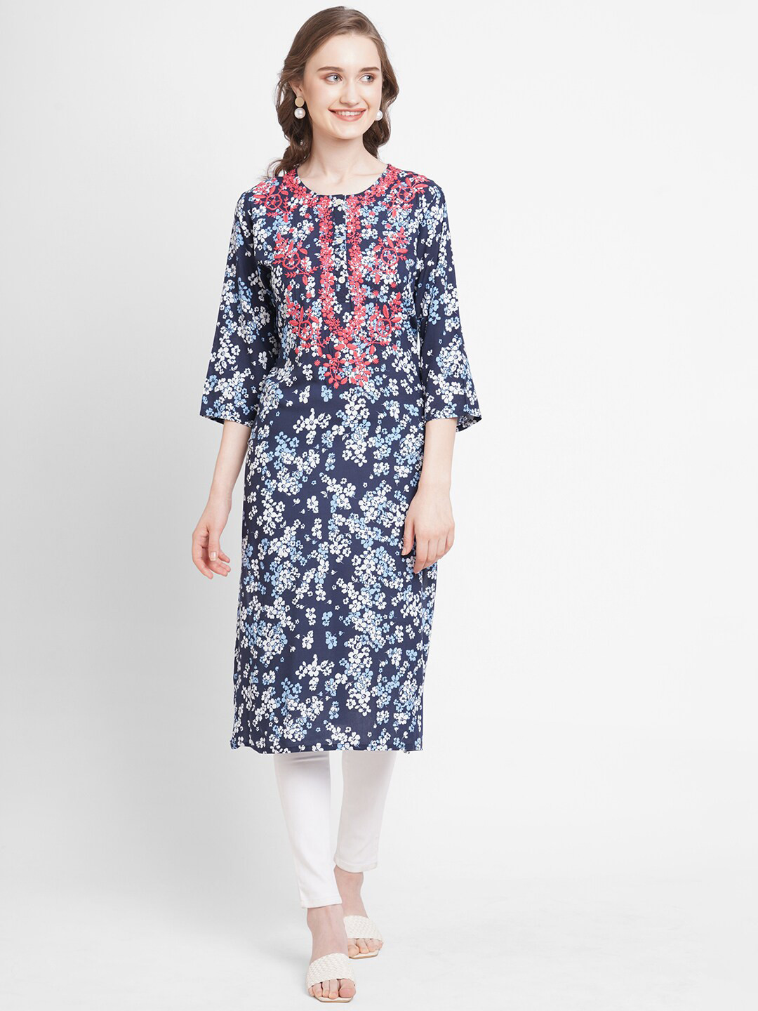 Buy Cloth Haus India Women Navy Blue & Pink Floral Embroidered Straight