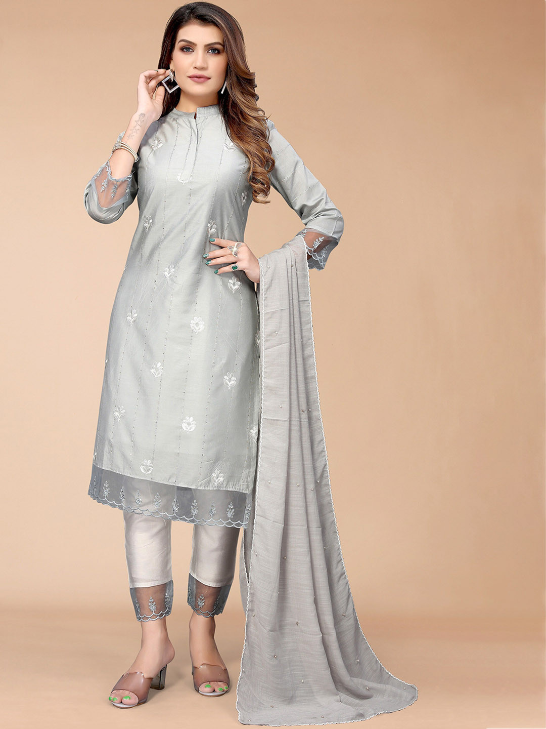 Women's Solid Grey A-Line Kurta Set with Dupatta main image 1