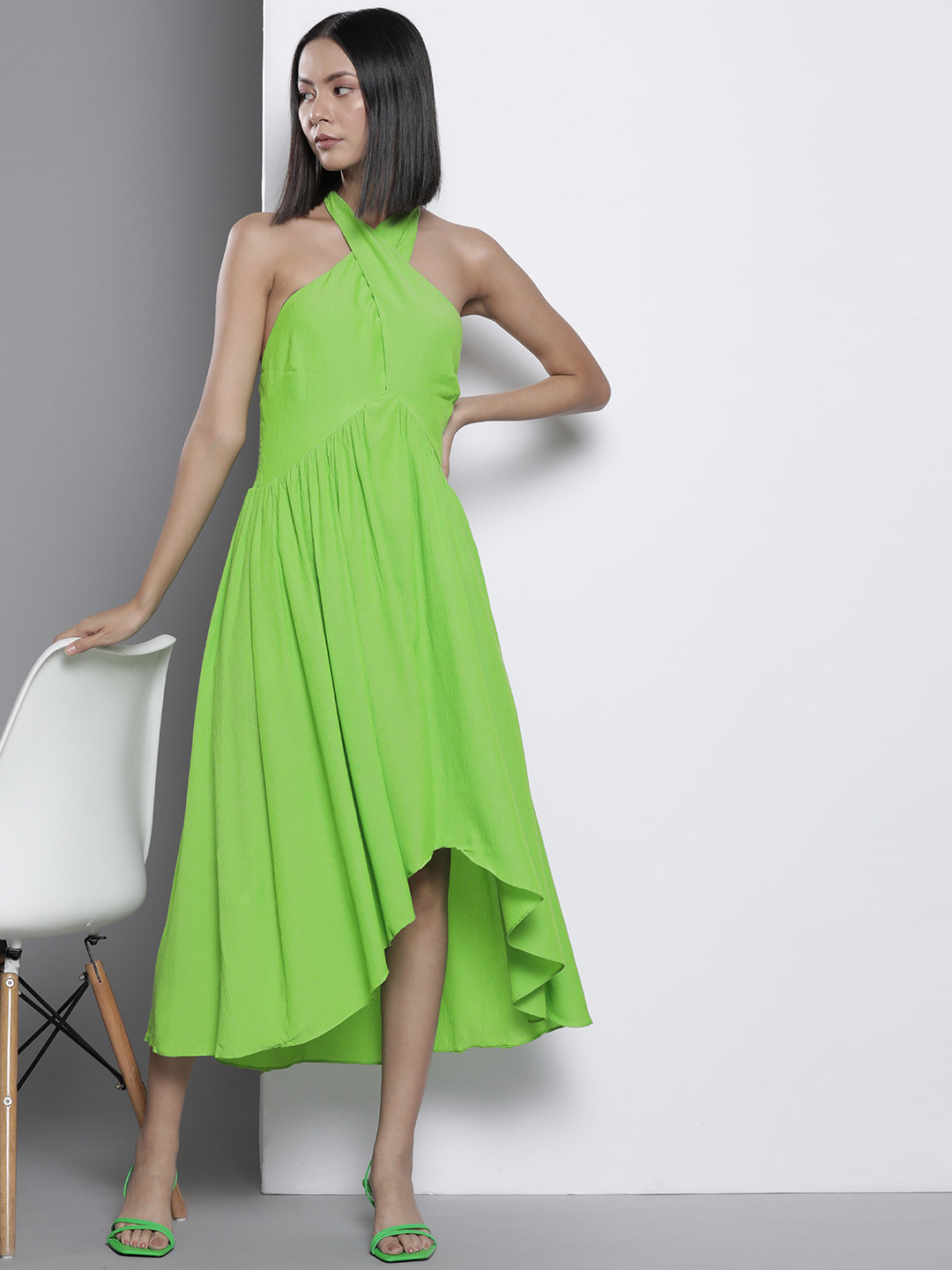 Buy Trendyol Lime Green Halter Neck A Line Midi Dress Dresses for
