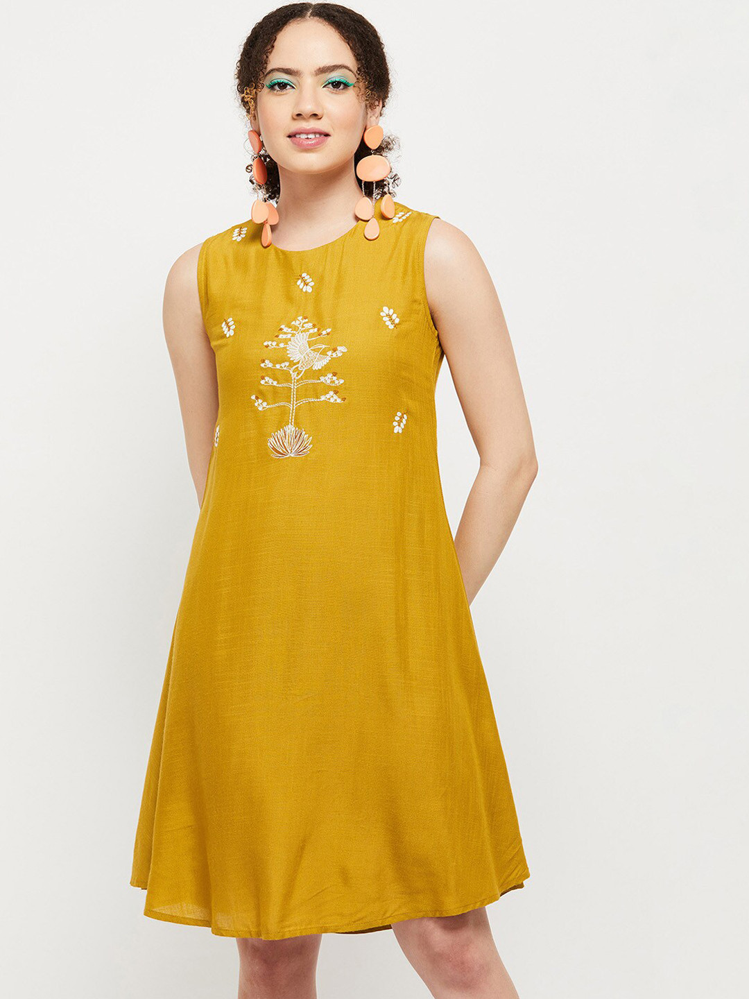 Buy Max Women Mustard Yellow Floral Embroidered A Line Cotton Dress