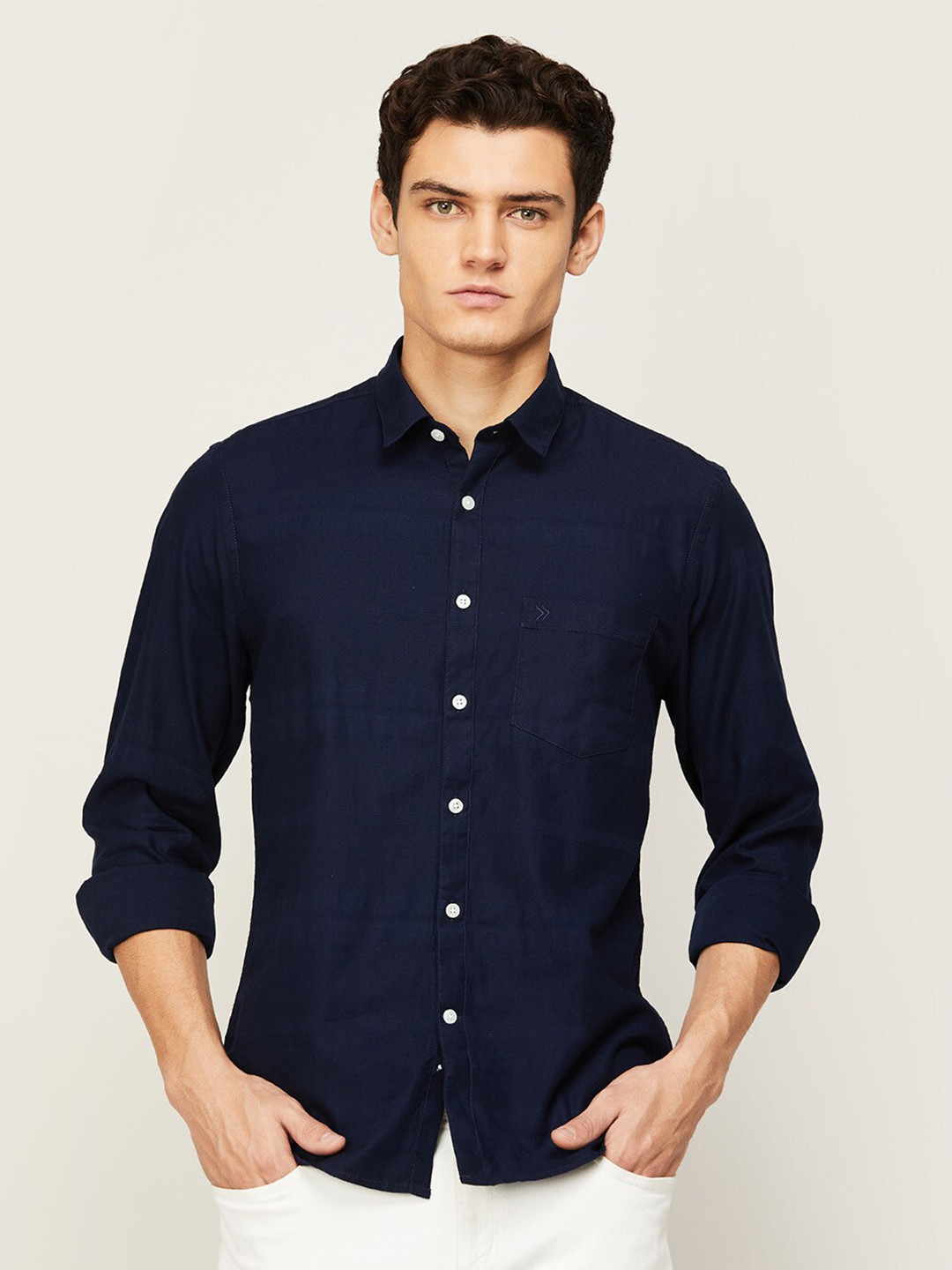 Buy CODE By Lifestyle Men Navy Blue Horizontal Striped Cotton Slim Fit