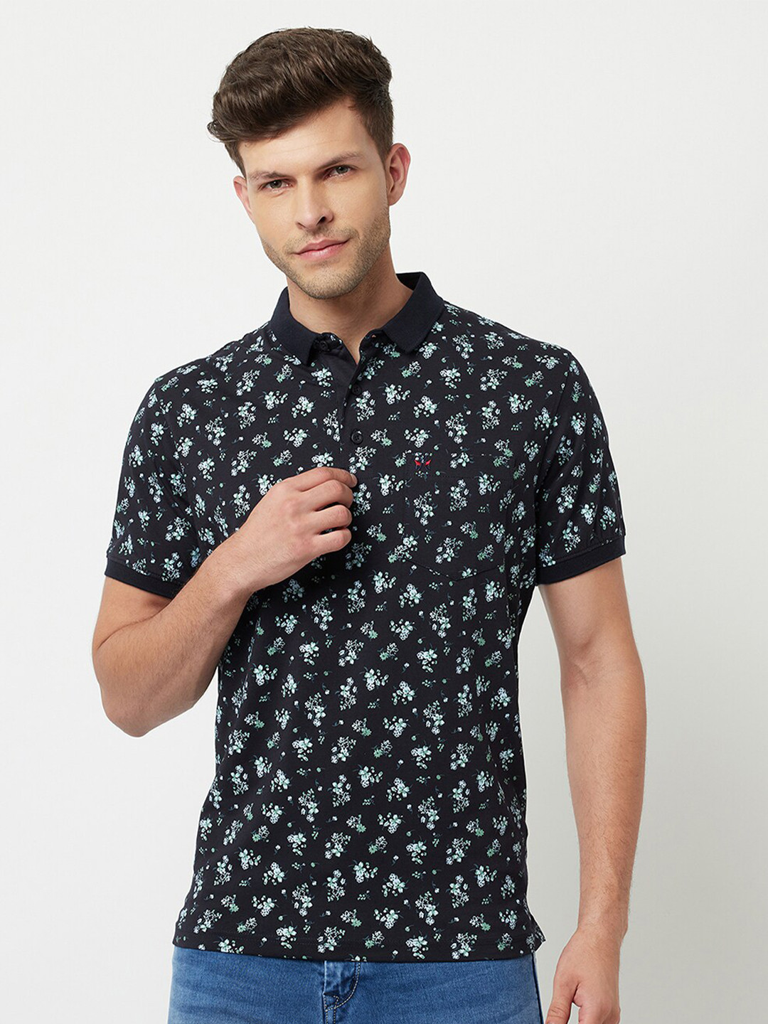 Buy Crimsoune Club Men Navy Blue Floral Printed Polo Collar Slim Fit T buy-crimsoune-club-men-navy-blue-floral-printed-polo-collar-slim-fit-t