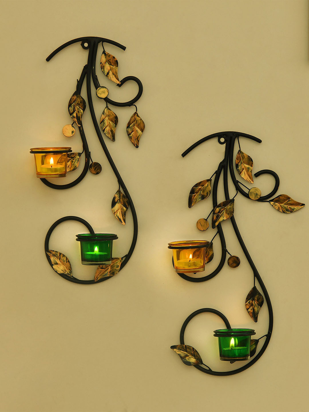 Buy Homesake Black & Gold Toned Leafy Vine Wall Hanging Candle Holders