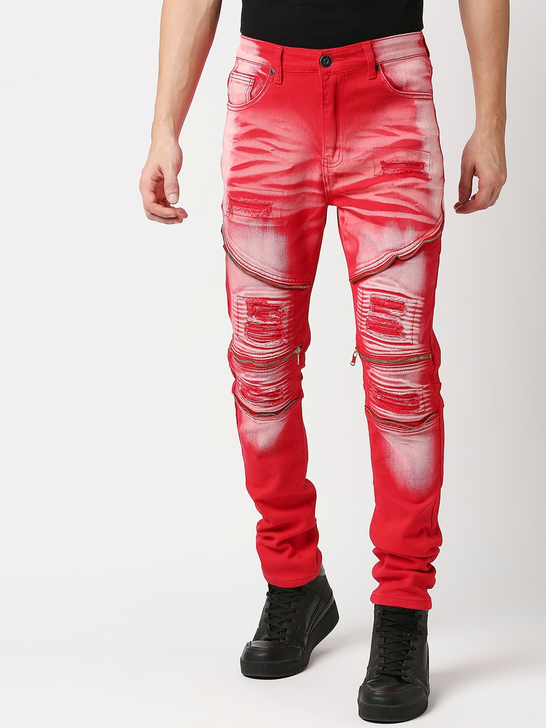 Buy WAIMEA Men Red Skinny Fit Mildly Distressed Embellished Stretchable