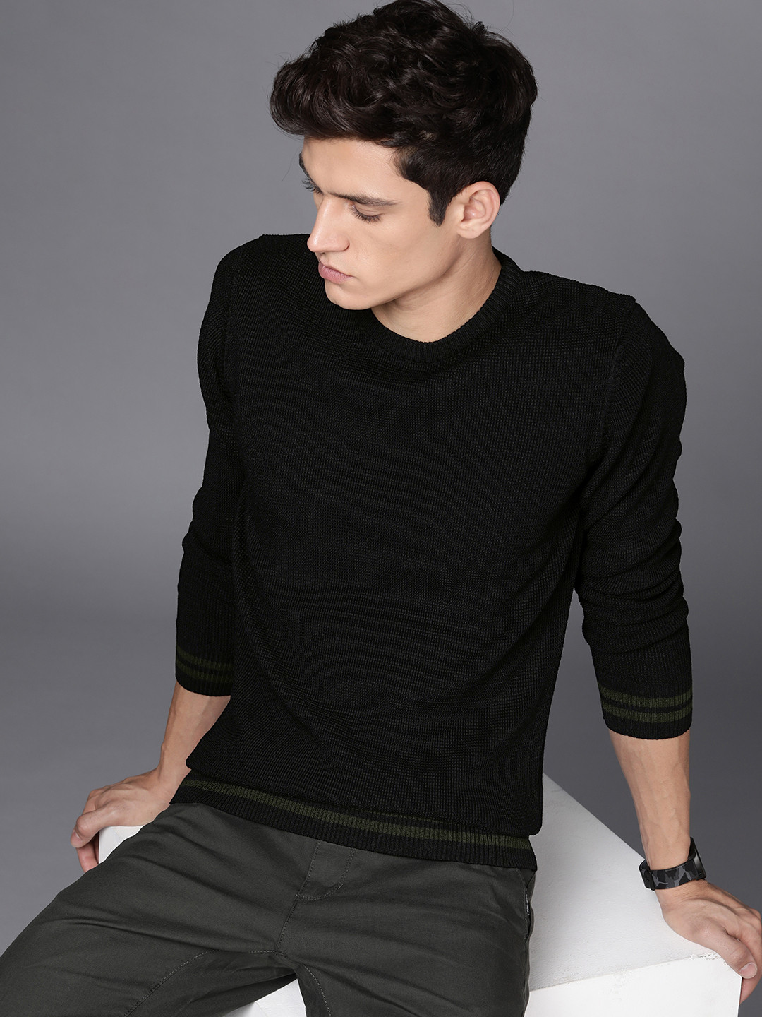 Buy WROGN Men Black Self Design Pullover Sweater - Sweaters for Men ...