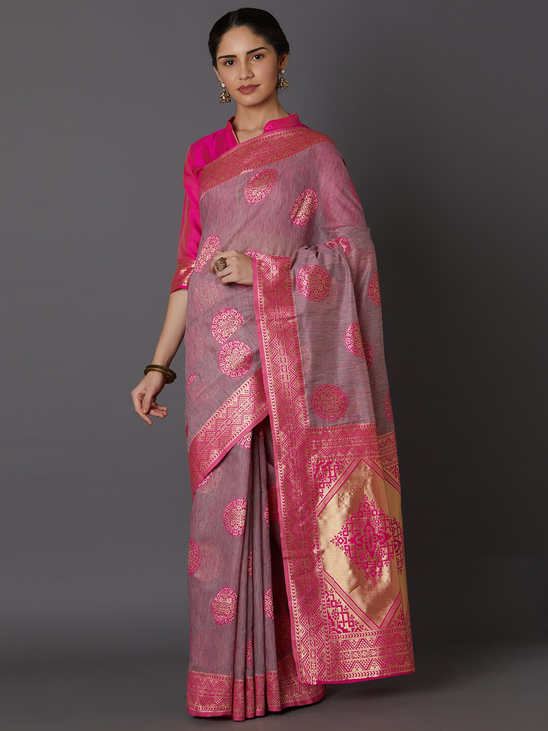 Buy Mitera Pink & Peach Coloured Woven Design Zari Silk Blend