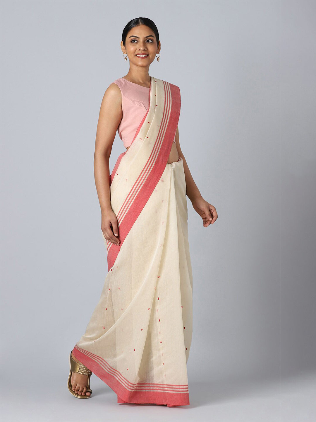 Buy Taneira Off White & Red Woven Design Pure Cotton Chanderi Saree