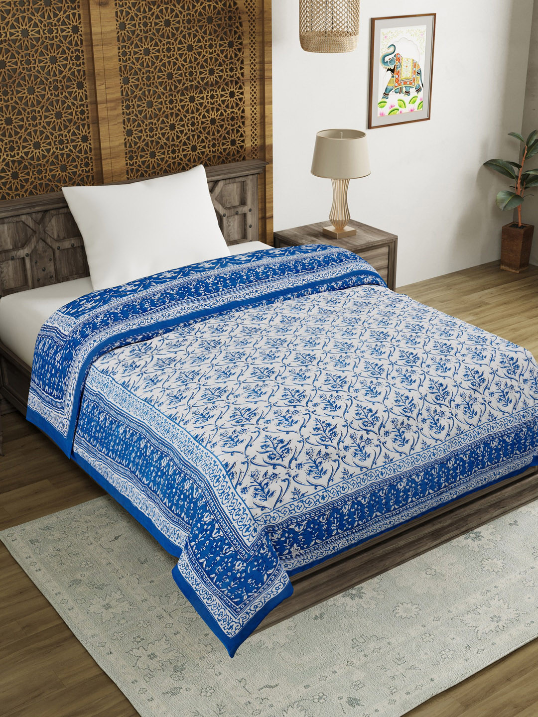 Buy BLOCKS OF INDIA Blue & White Ethnic Motifs Mild Winter 350 GSM