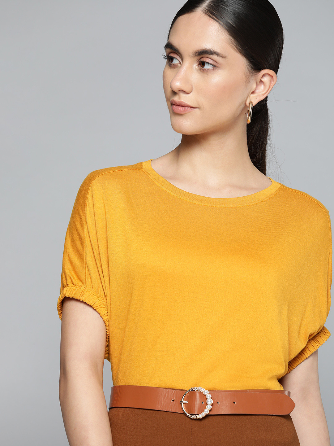 Women's Mustard Striped V-Neck Extended Sleeves Blouson Crop Top