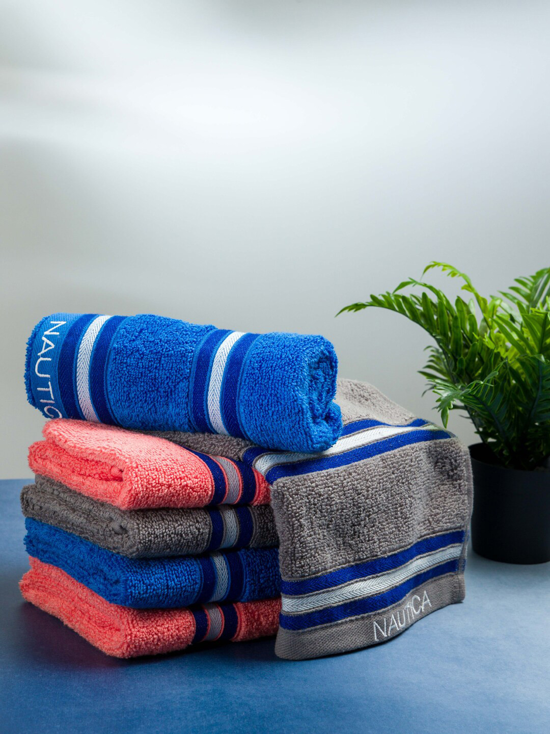 Buy Nautica Set Of 6 Blue & Grey Solid GSM 500 Pure Cotton Hand Towels