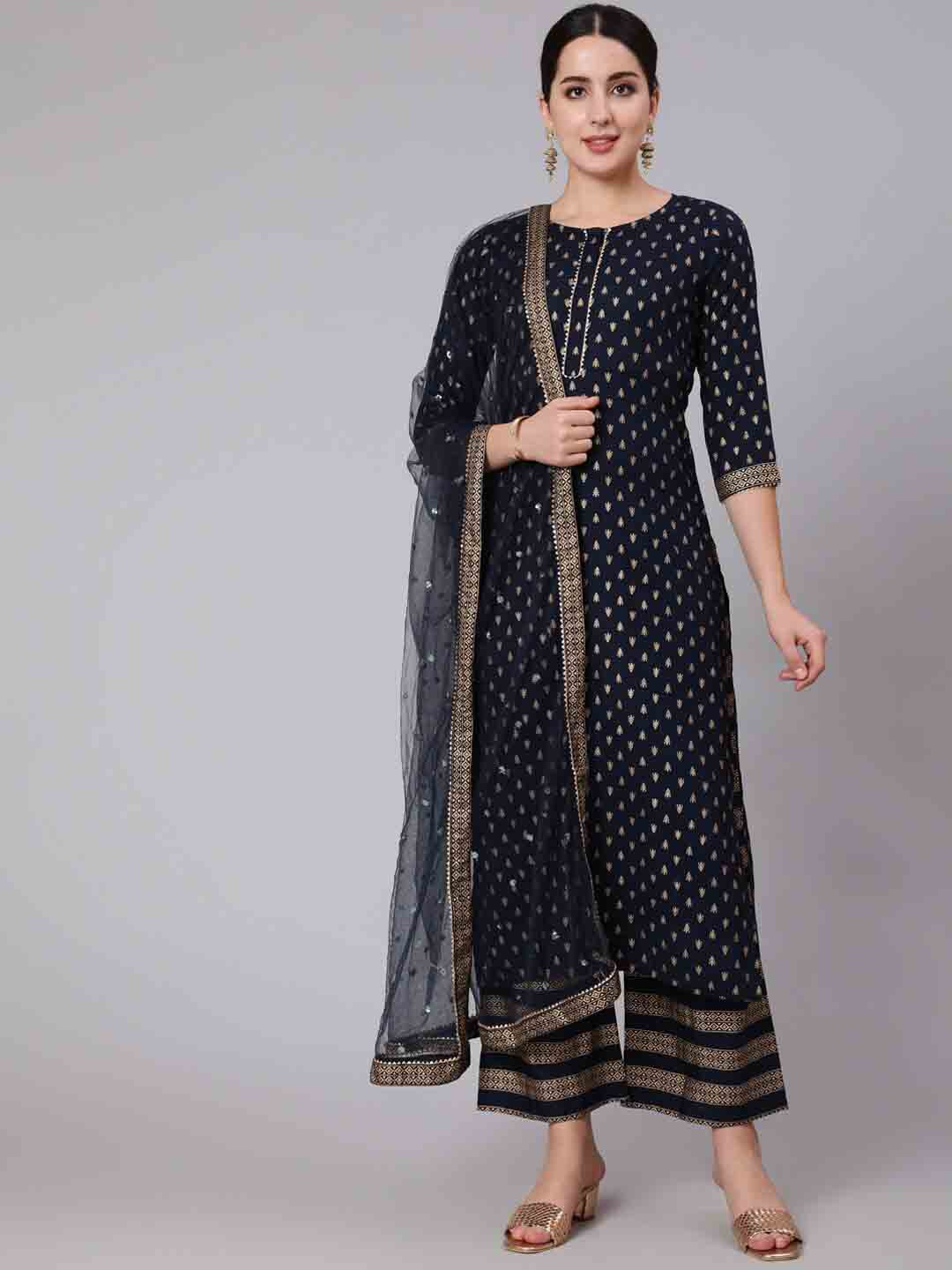 Women Navy Blue Solid Gathered Kurta With Palazzo And Sequance  Dupatta